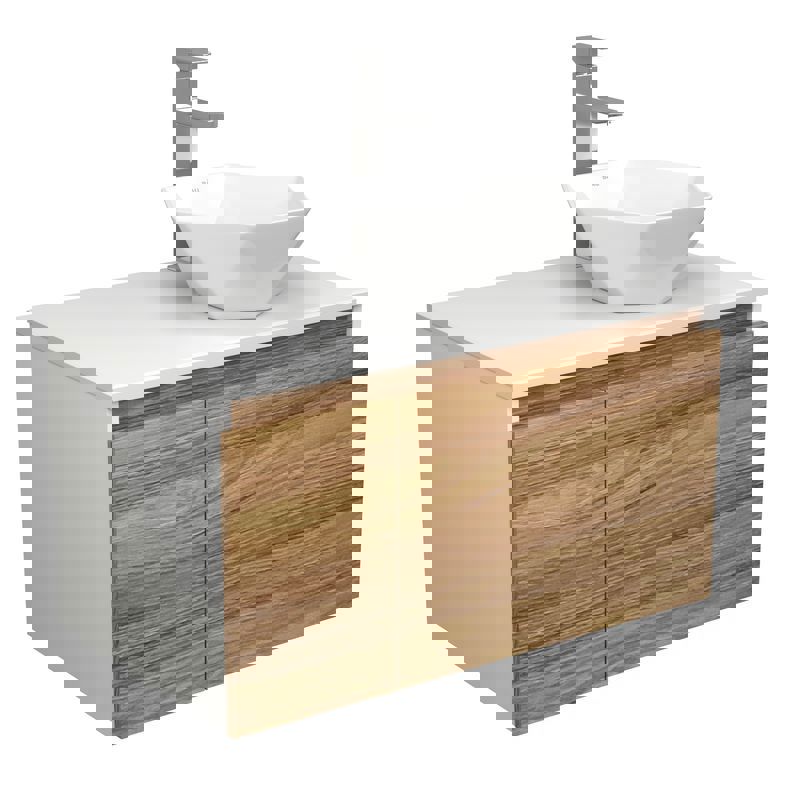 Изображение товара Комплект тумба под раковину BAUEDGE Dream Blackwood 80 см подвесная и раковиной Crystal со смесителем BD1820 цвет бежевый белый