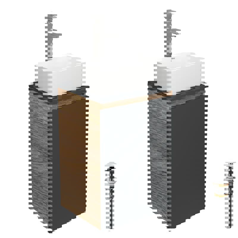 Изображение товара Комплект тумба под раковину BAUEDGE 40 см подвесная и раковиной Hotel mini со смесителем BD1934 цвет темно-серый бежевый хром белый