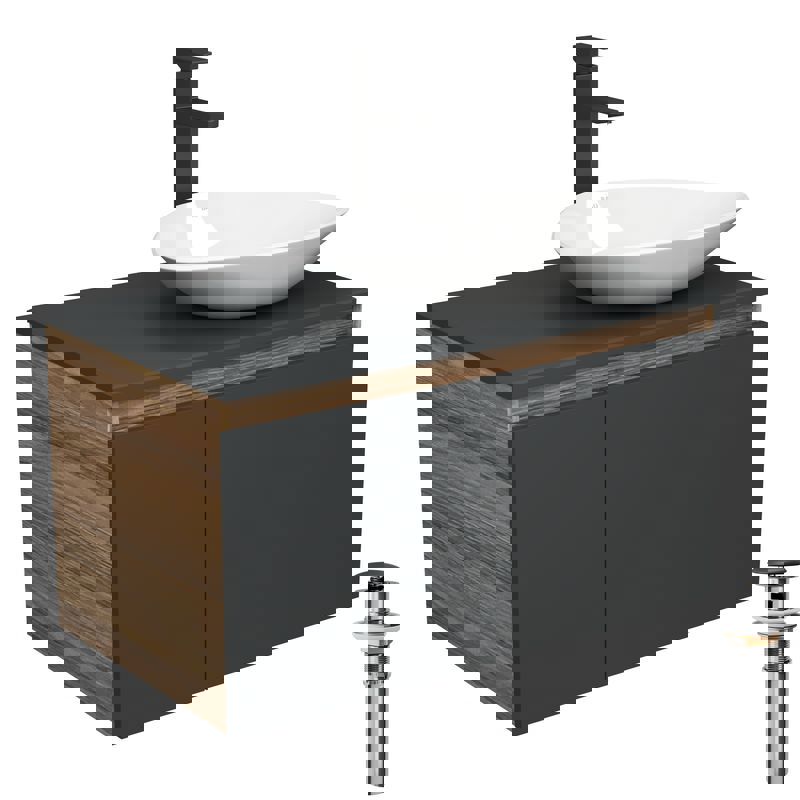 Изображение товара Комплект тумба под раковину BAUEDGE 80 см подвесная и раковиной Triangle со смесителем BD2173 цвет темно-серый бежевый черный