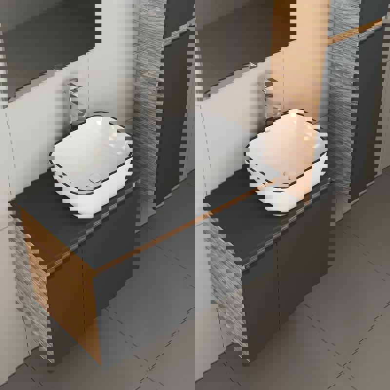 Изображение товара Комплект тумба под раковину BAUEDGE 80 см подвесная и раковиной Hotel Black Rand со смесителем BD2232 цвет темно-серый бежевый хром белый