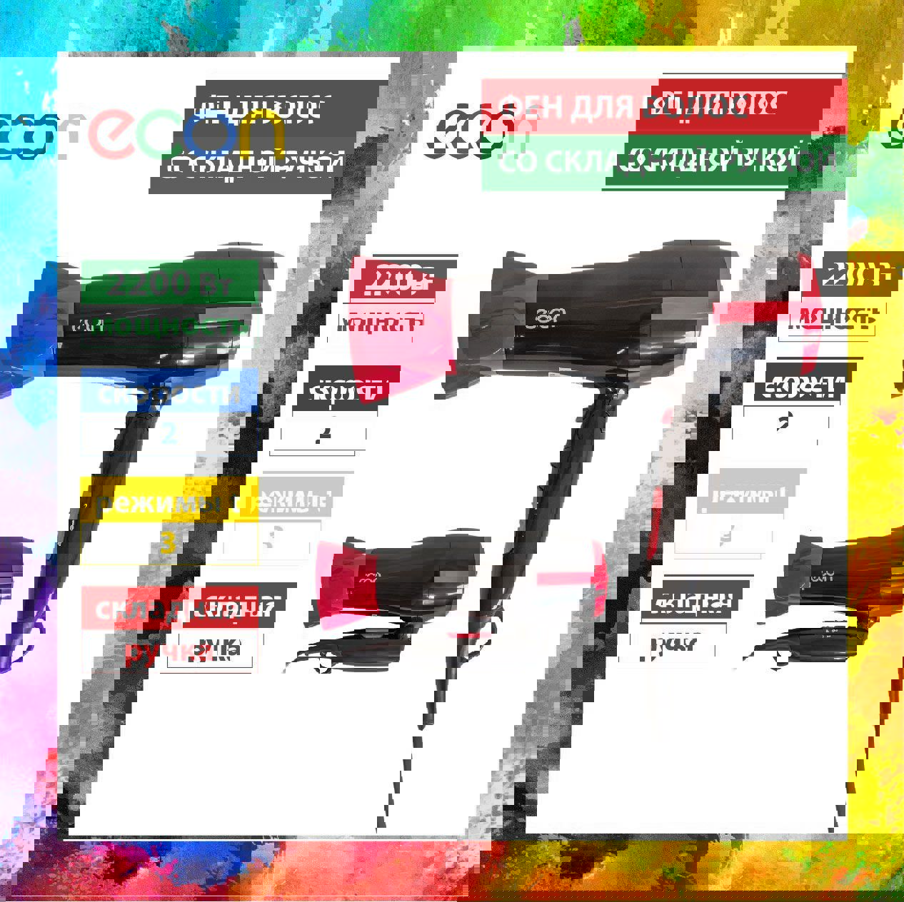 Изображение товара Стильный мощный фен ECON ECO-BH220D с функцией ионизации и холодным обдувом