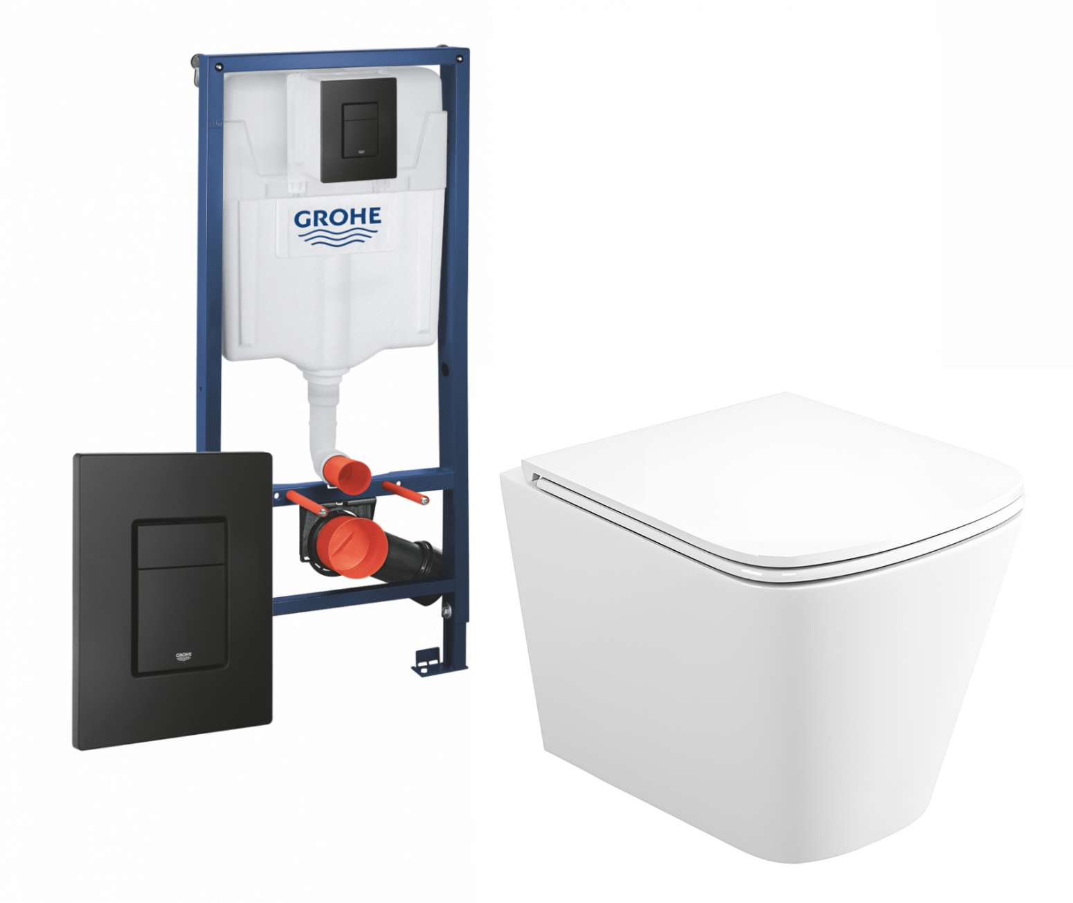 Изображение товара Комплект 3 в 1 инсталляция Grohe Rapid SL с подвесным унитазом BelBagno Due BB3103CHR/SC кнопка черная 500495