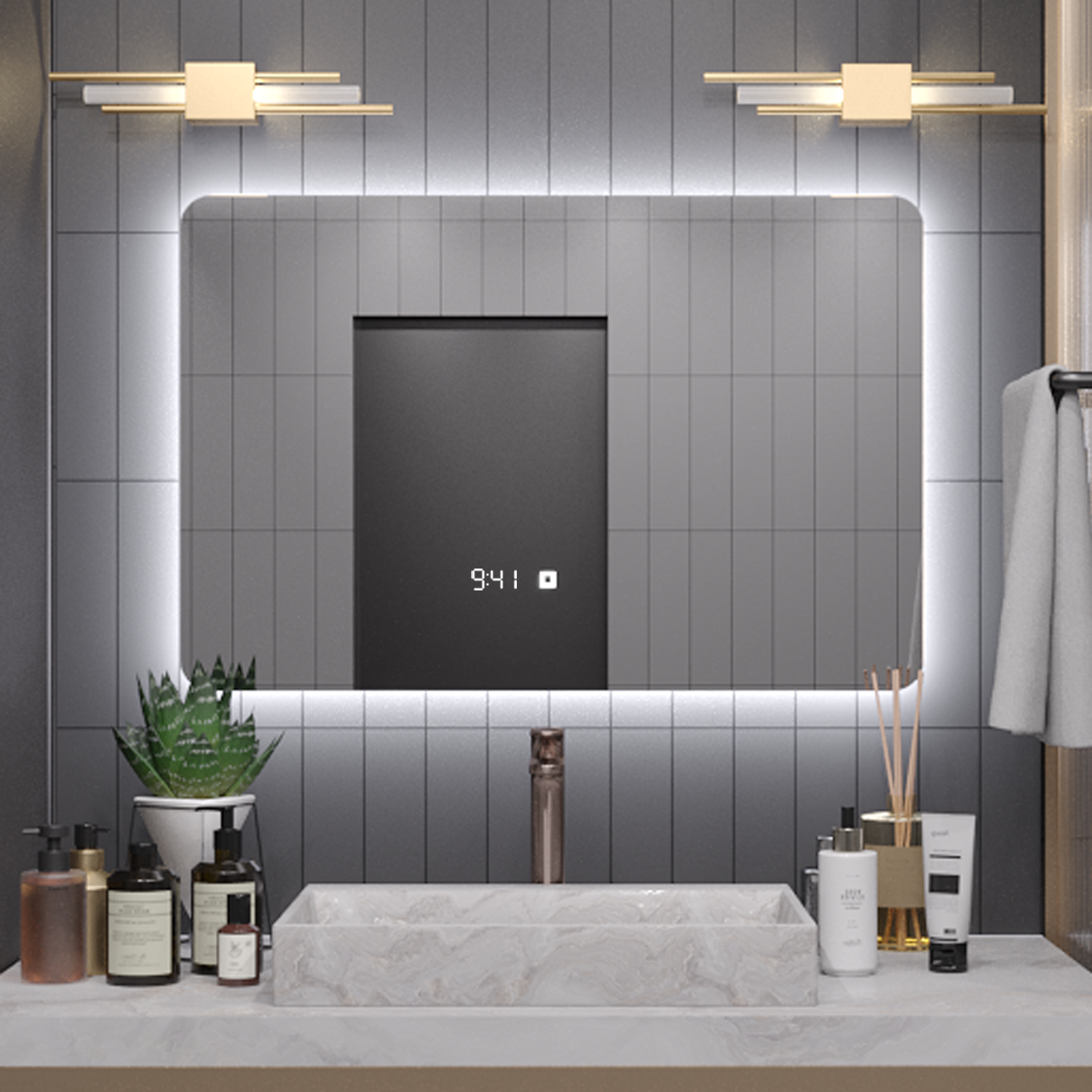 Изображение товара Зеркало с подсветкой для ванной Alias Эос 80x50 см с часами и регулировкой яркости