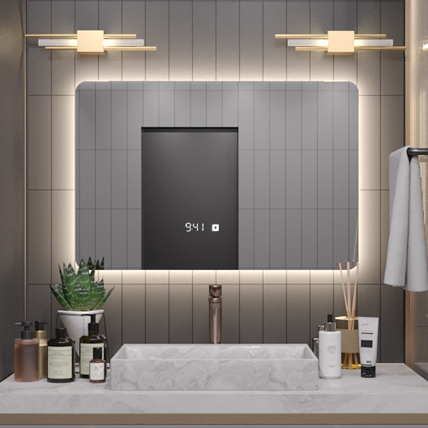 Изображение товара Зеркало для ванной Alias Эос с подсветкой 120x100 см, часы, цвет нейтральный