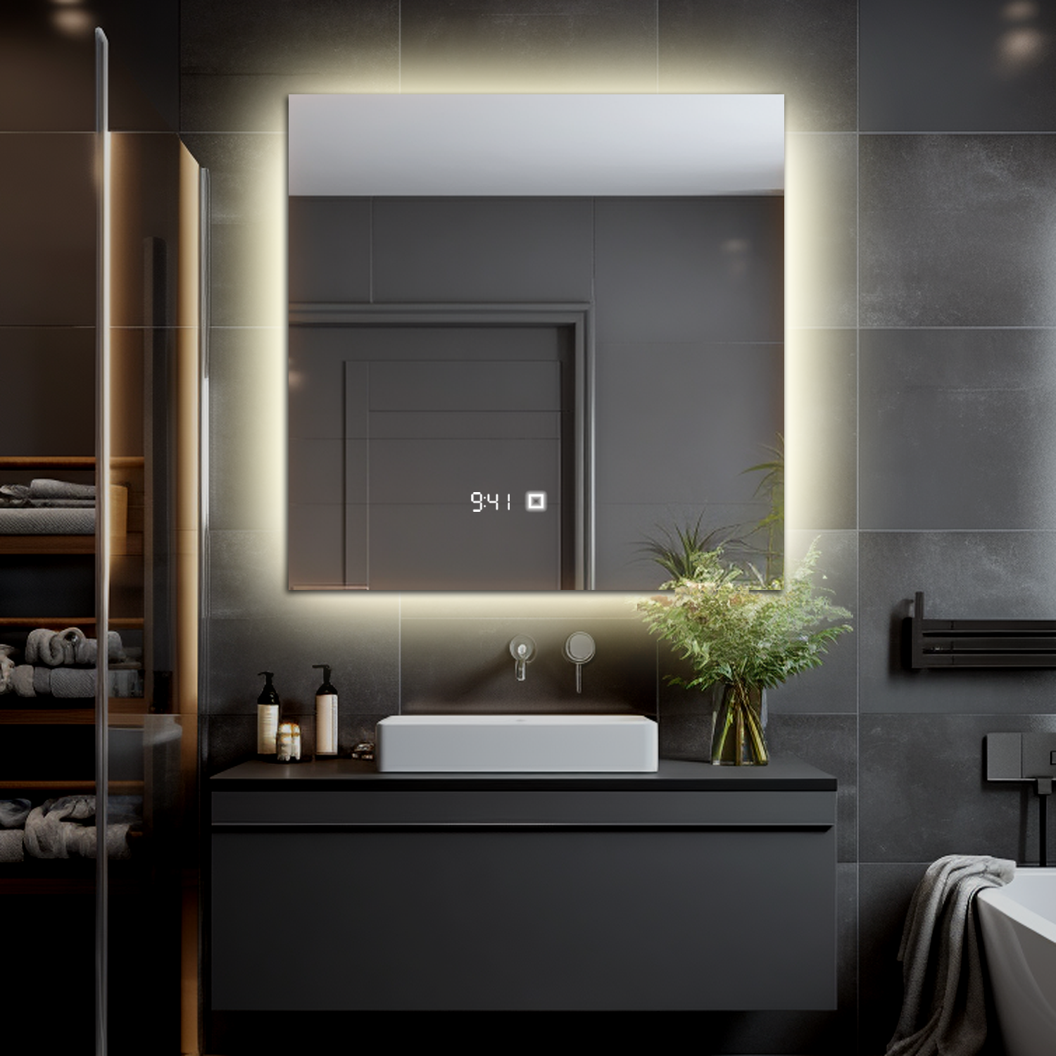 Изображение товара Зеркало для ванной Alias Квартал с подсветкой 100x100 см часы температура