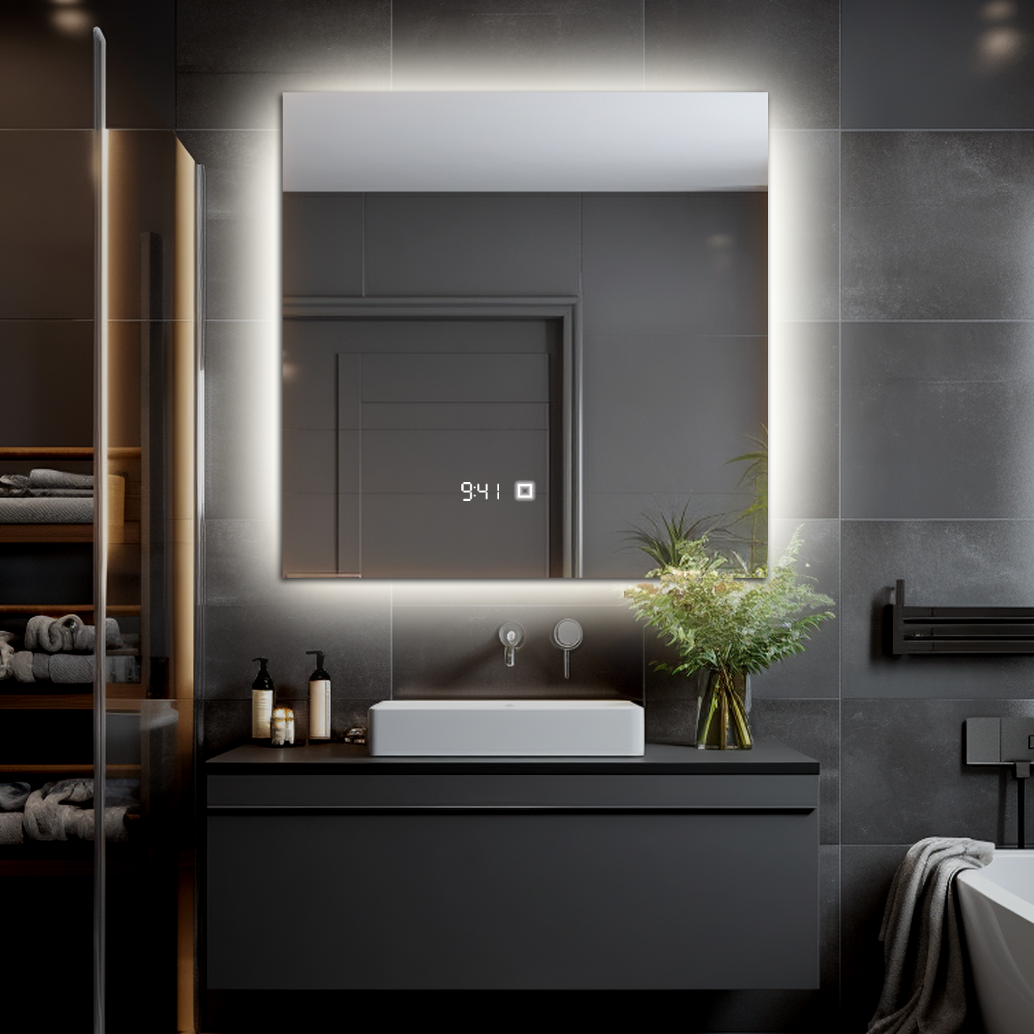 Изображение товара Зеркало для ванной с подсветкой ALIAS Квартал часы и температурой 120x120 см