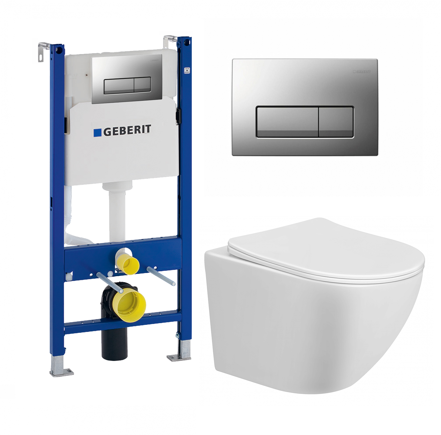 Изображение товара Комплект 3 в 1 инсталляция Geberit Duofix UP100 с подвесным унитазом Taliente Amato, кнопка хром матовый