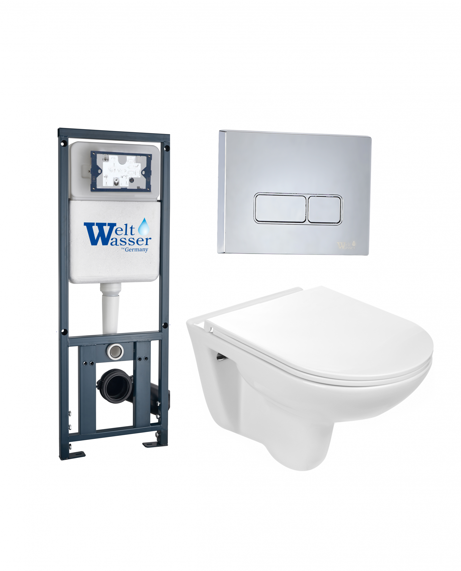 Изображение товара Комплект 3 в 1 инсталляция WeltWasser WW Marberg 410 с подвесным унитазом Baarbach 004 GL-WT кнопка хром SE 416319