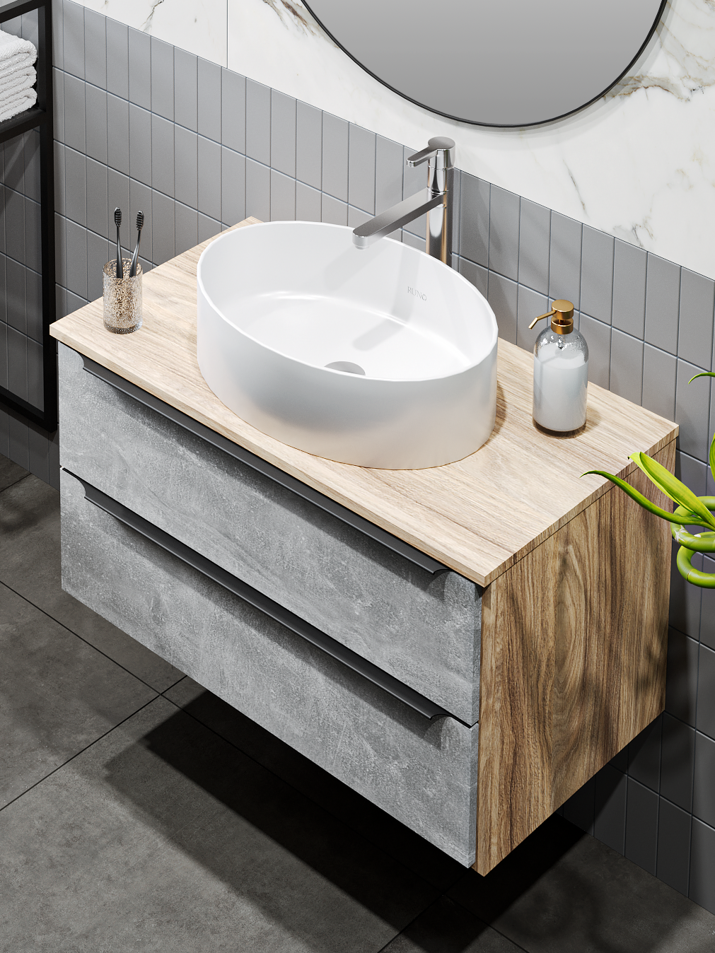 Изображение товара Тумба с раковиной Runo МАЛЬТА 85 подвесная цвет серый дуб раковина OVALE 50