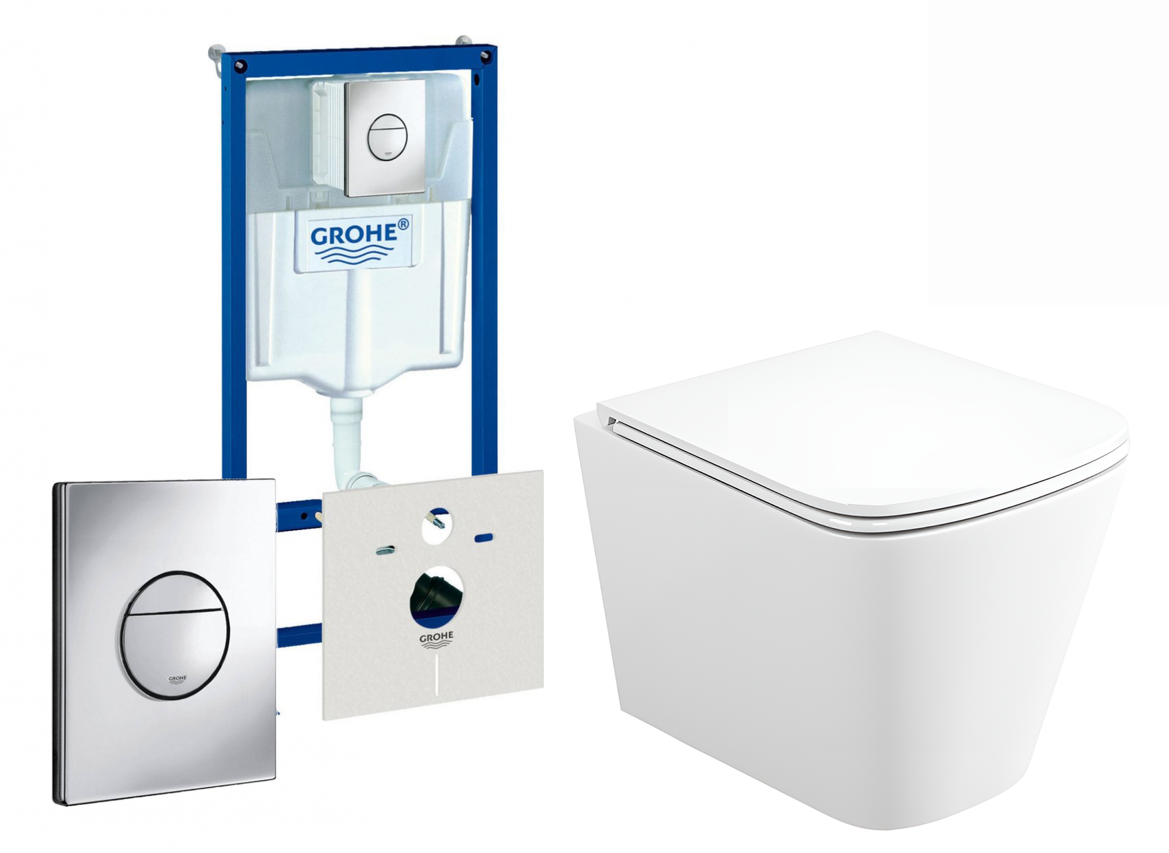 Изображение товара Комплект 3 в 1 инсталляция Grohe Rapid SL с подвесным унитазом BelBagno Due BB3103CHR/SC кнопка хром 3 513243