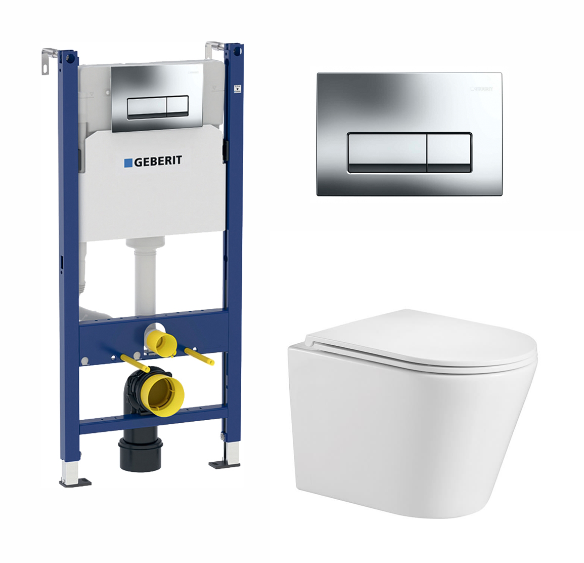 Изображение товара Комплект 3 в 1 инсталляция Geberit Duofix с унитазом WeltWasser Salzbach, кнопка хром Delta51
