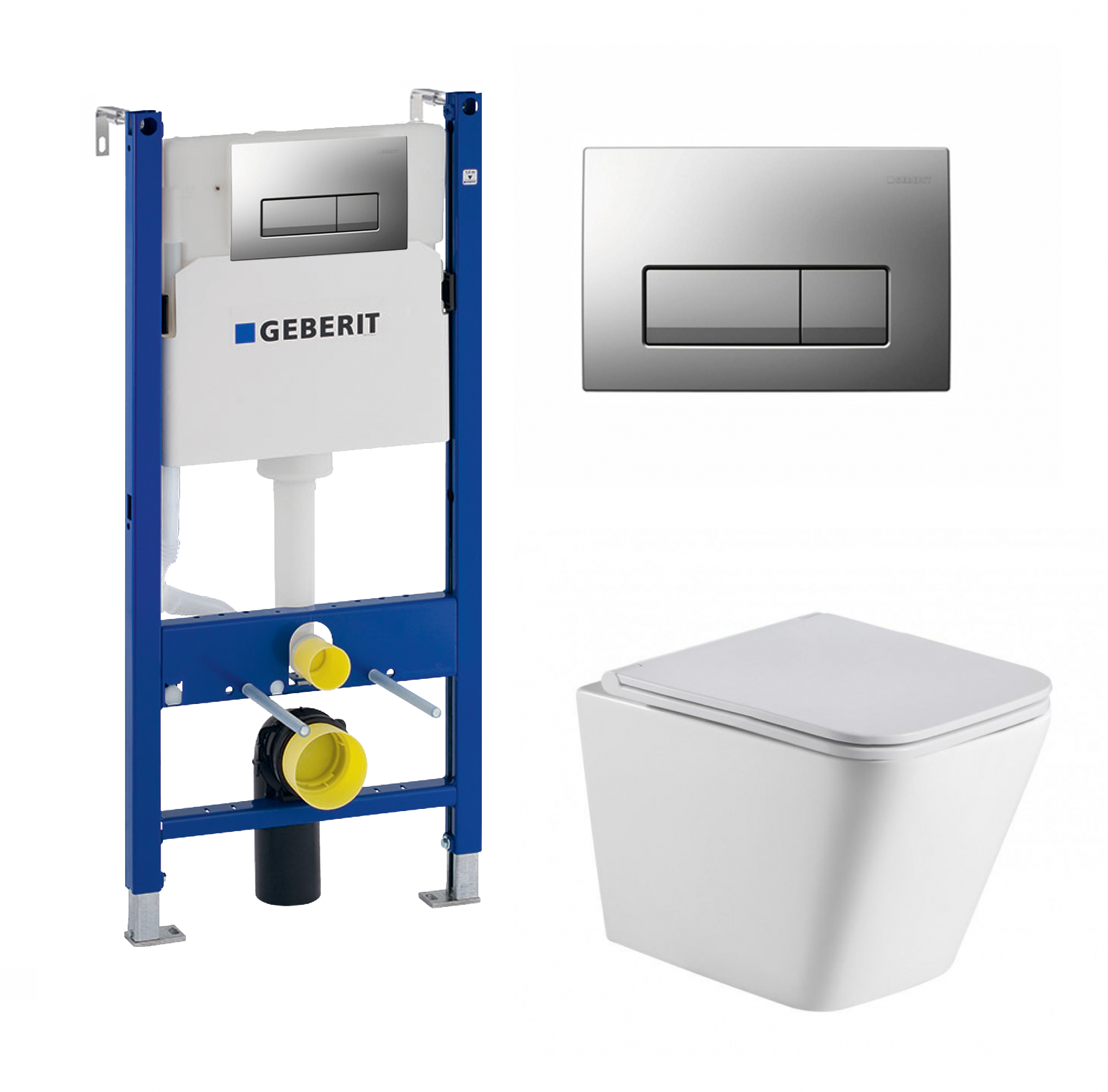 Изображение товара Комплект 3 в 1 инсталляция Geberit Duofix UP100 с подвесным унитазом WeltWasser Gelbach 004 GL-WT, кнопка хром матовый