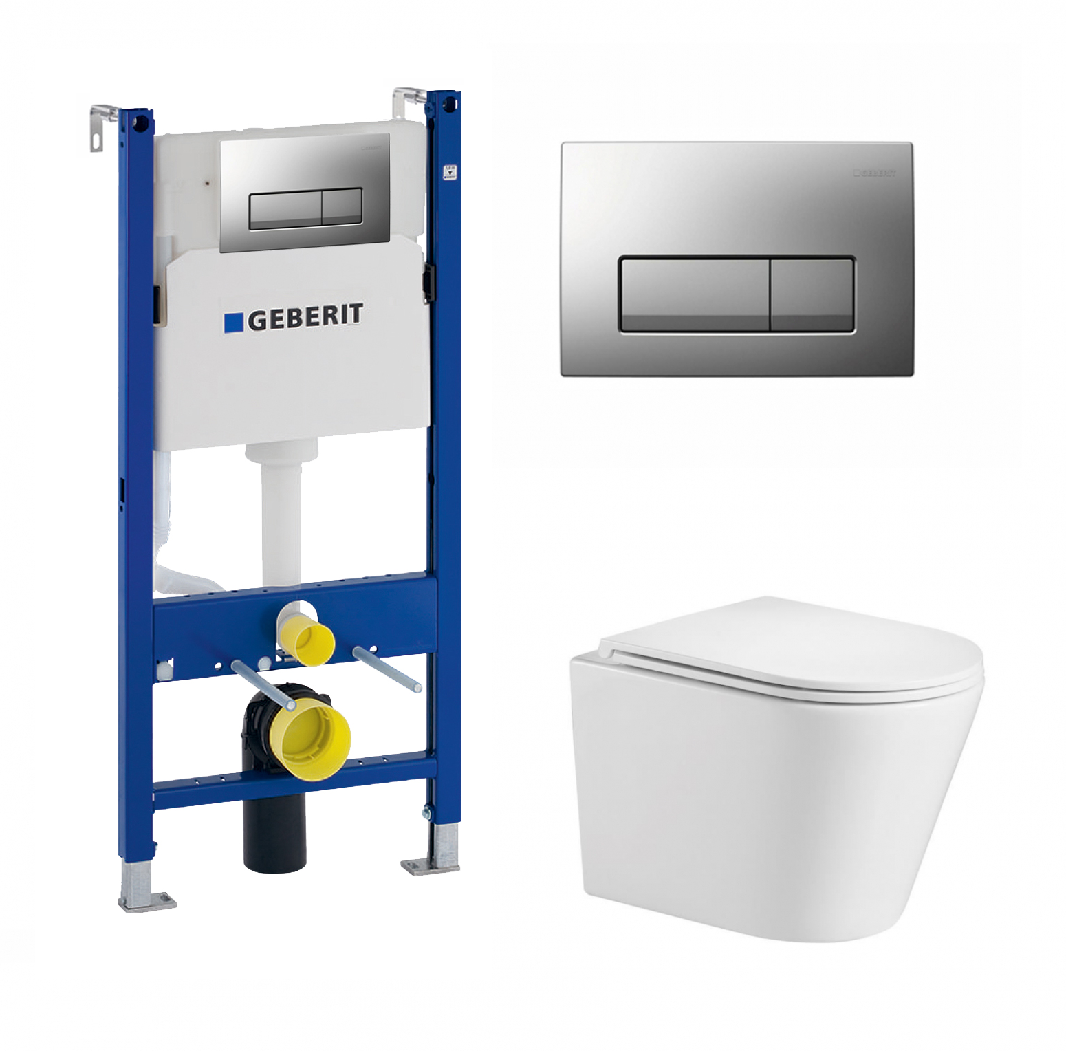 Изображение товара Комплект 3 в 1 инсталляция Geberit Duofix UP100 с подвесным унитазом WeltWasser Salzbach 041 GL-WT, кнопка хром матовый