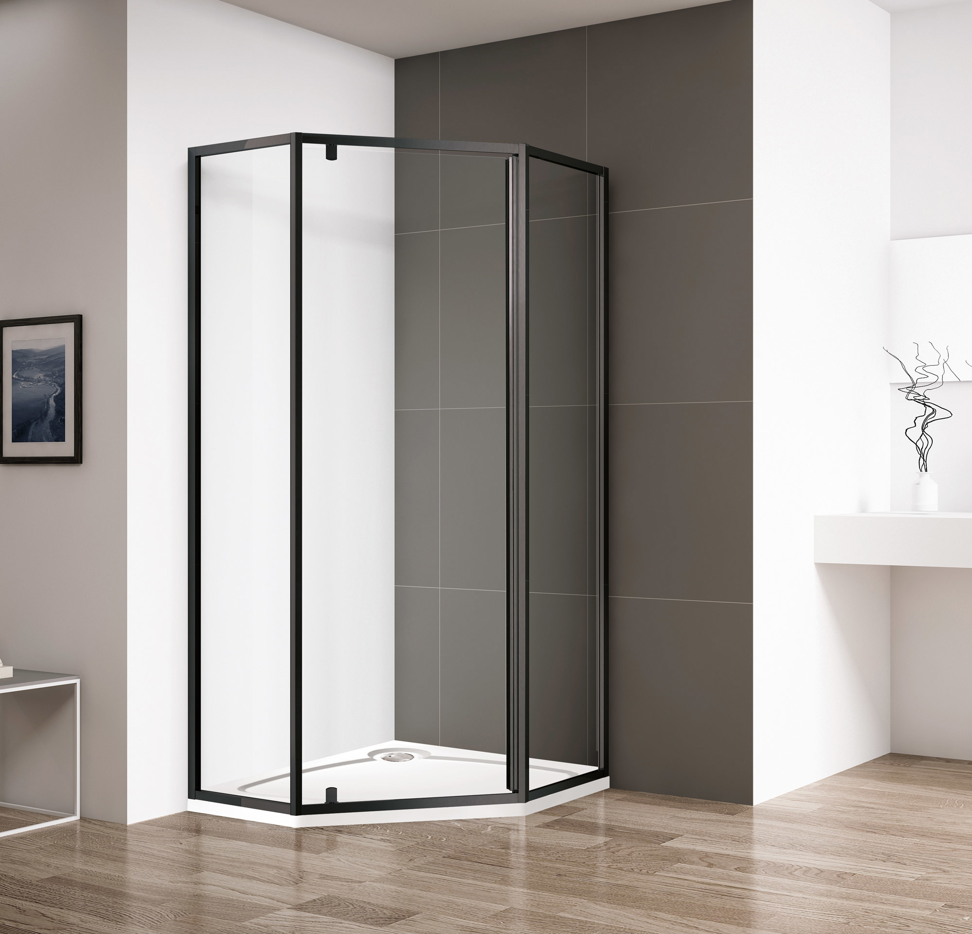 Изображение товара Душевой уголок Cezares ECO-O-P-1-90-C-NERO прямой 90x90см черный профиль эффект стекла прозрачный