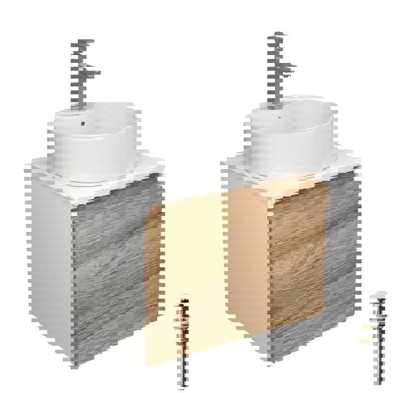 Изображение товара Тумба под раковину Bauedge Blackwood BD2521 с раковиной и смесителем, белый дуб хром 60 см