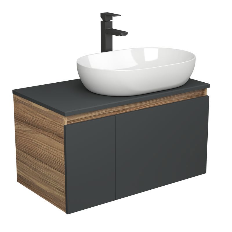 Изображение товара Тумба под раковину Bauedge Blackwood BD2730 подвесная 80см с раковиной, смесителем цвет графит, белый, черный