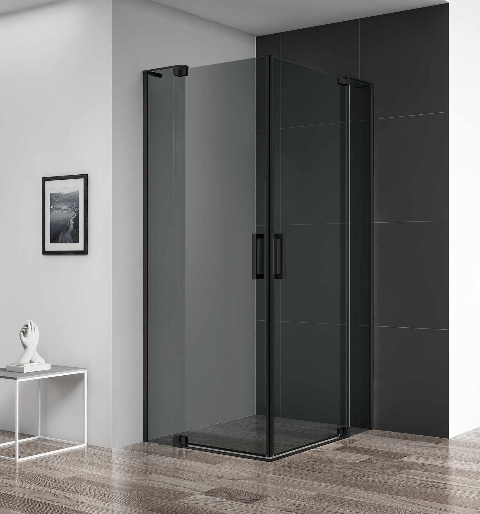 Изображение товара Душевой уголок Cezares SLIDER-AH-2-90/100-100/110-GRIGIO-NERO прямой 90x100см черный профиль эффект стекла тонированный