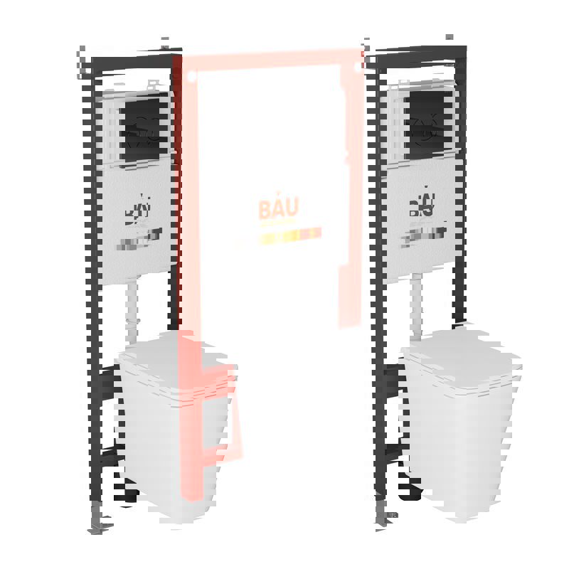Изображение товара Комплект Bauedge инсталляция pro унитаз подвесной безободковый Bau Stil Hurricane3 сиденье дюропласт микролифт клавиша Bau Dream черная