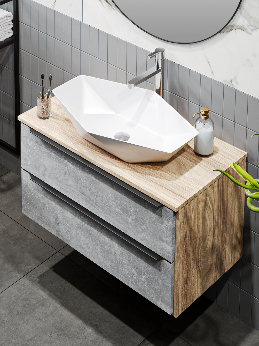 Изображение товара Тумба с раковиной Runo Мальта 85 см подвесная цвет серый дуб раковина Poligono