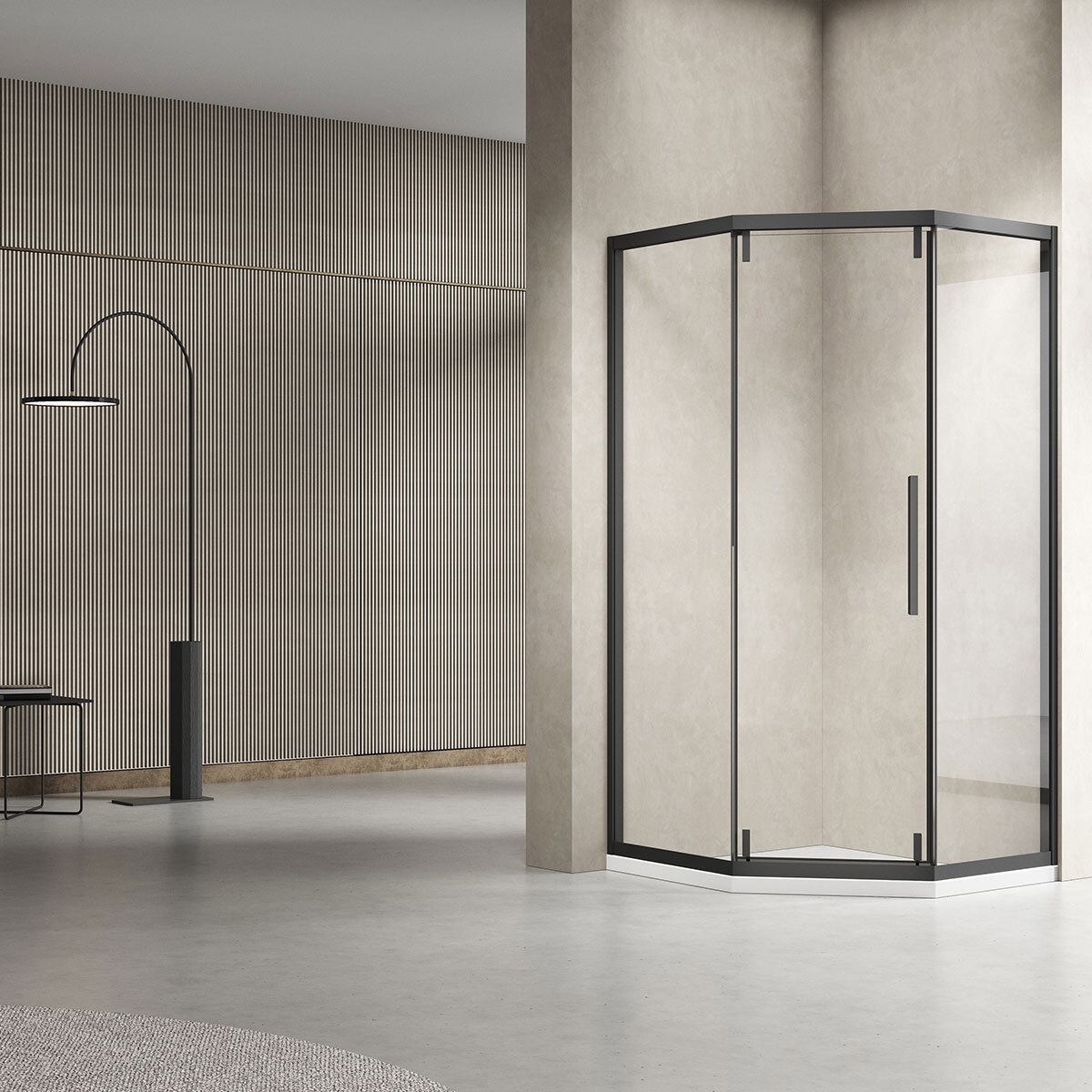 Изображение товара Душевой уголок Vincea Show VSP1-4SH100CLB трапеция 100x100см черный профиль эффект стекла прозрачное закаленное стекло