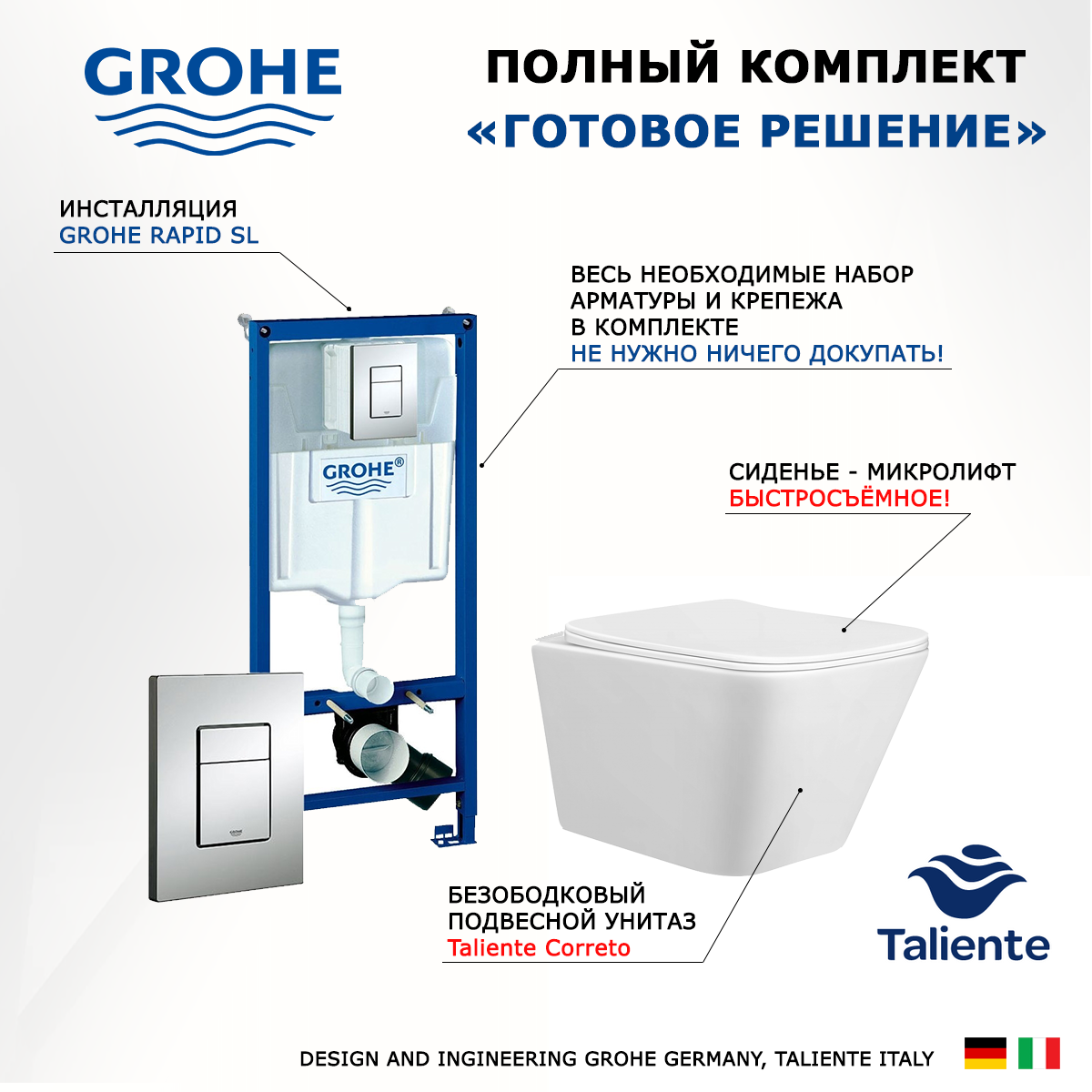 Изображение товара Комплект инсталляция с унитазом Grohe Correto кнопка хром белый