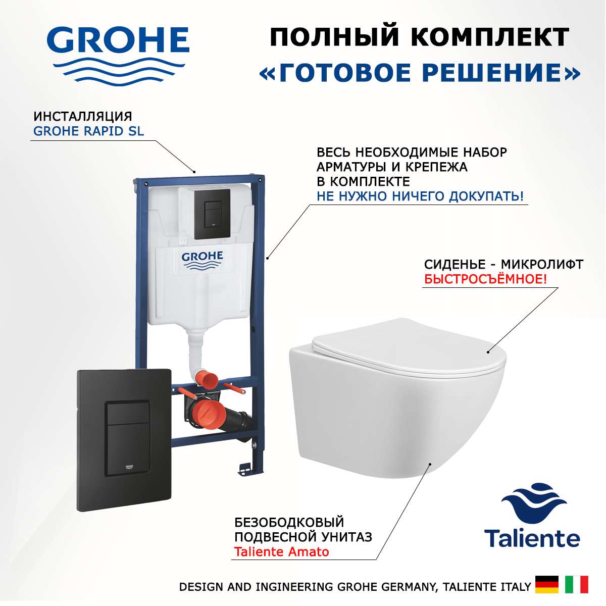 Изображение товара Комплект инсталляция с унитазом Grohe Amato черная кнопка 556570 цвет белый