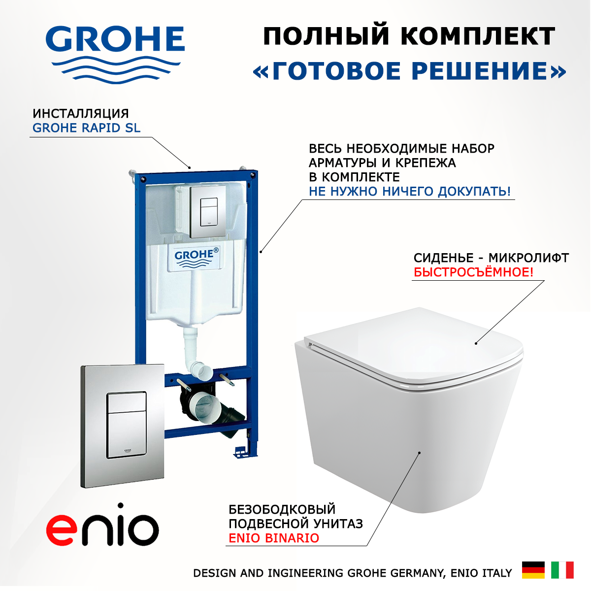 Изображение товара Комплект инсталляция с унитазом Grohe Прямоугольный enio 539594 цвет белый