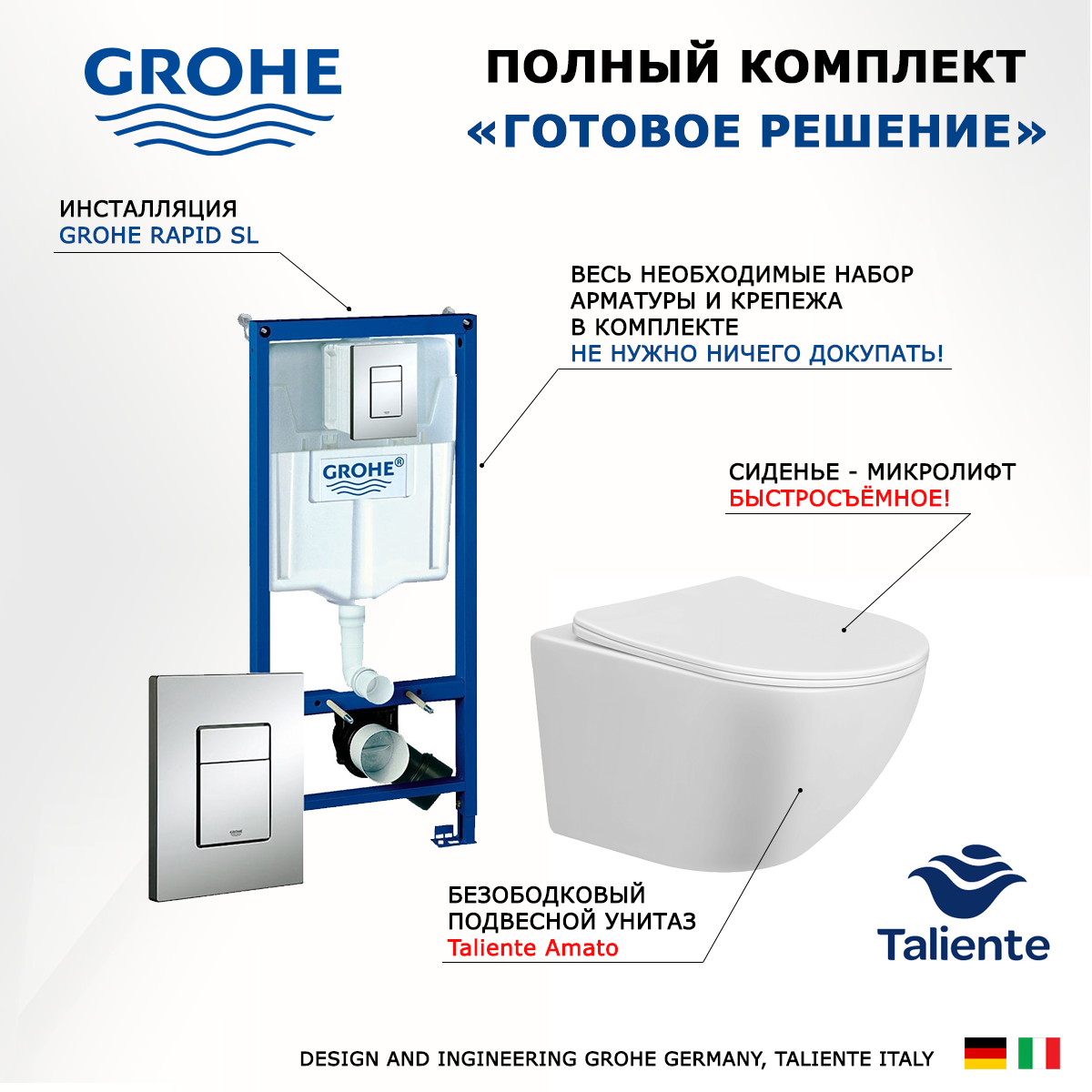 Изображение товара Комплект инсталляция с унитазом Grohe Amato хром белый 556569