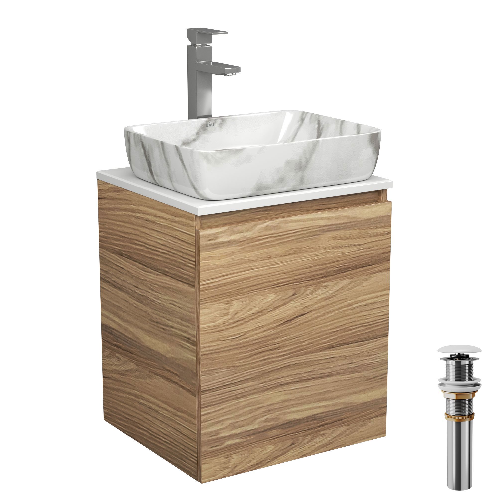 Изображение товара Тумба Bau Dream Blackwood 50 с дверцей SD3080, раковина BAU Hotel 51x39, мрамор, смеситель для раковины высокий Hotel Still, выпуск клик клак, белый