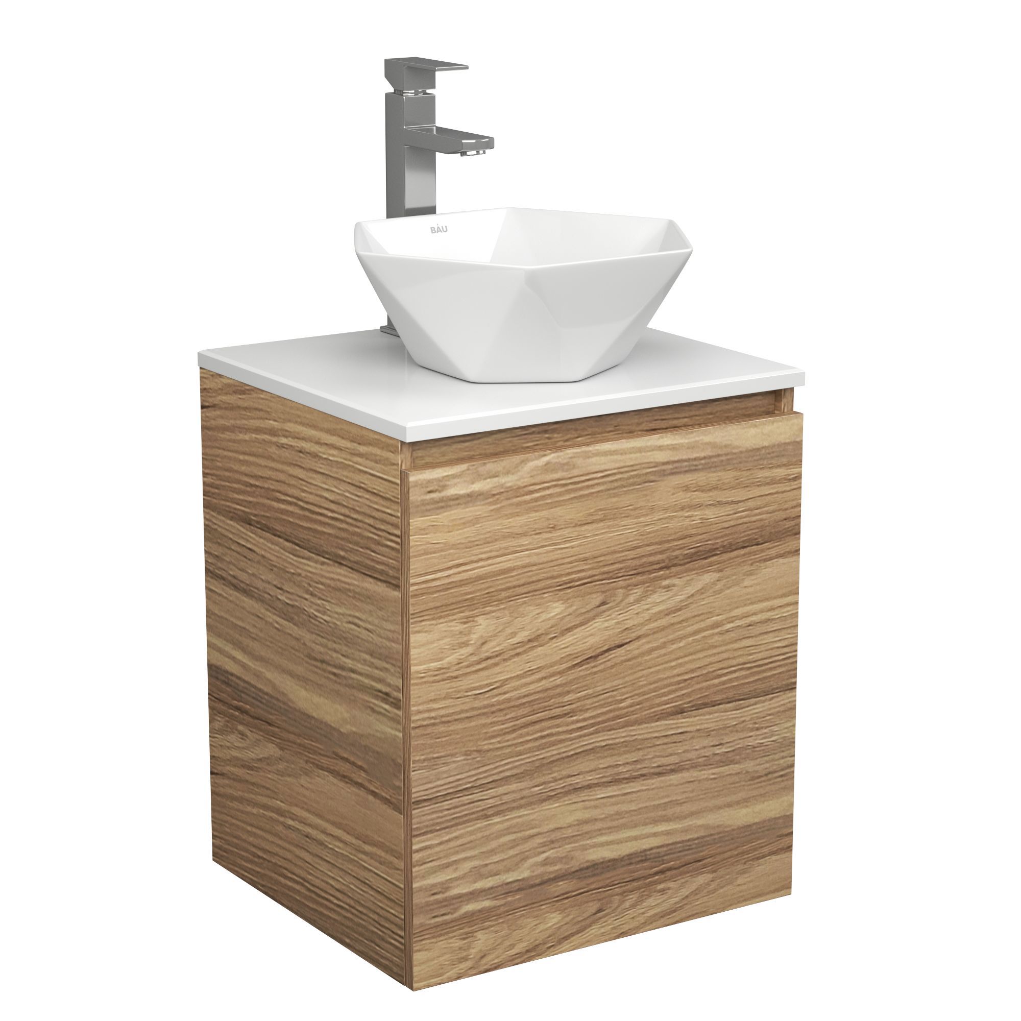 Изображение товара Тумба Bauedge Dream Blackwood 50 с дверцей SD3096, раковина Crystal 40x40, смеситель для раковины высокий Hotel Still, нержавеющая сталь