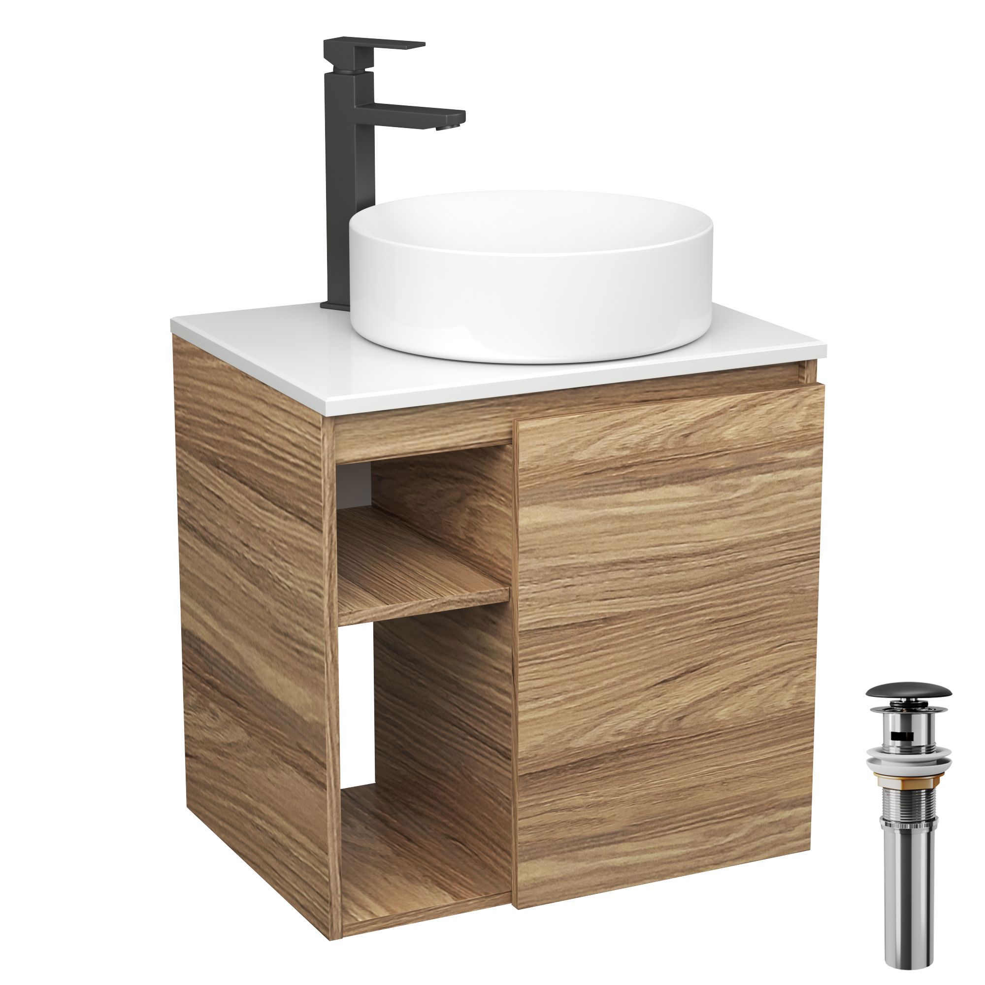 Изображение товара Тумба Bauedge Bau Dream Blackwood 60 правая раковина Bauedge Bau Dream круглая D41 смеситель высокий Hotel Black черный выпуск клик клак черный