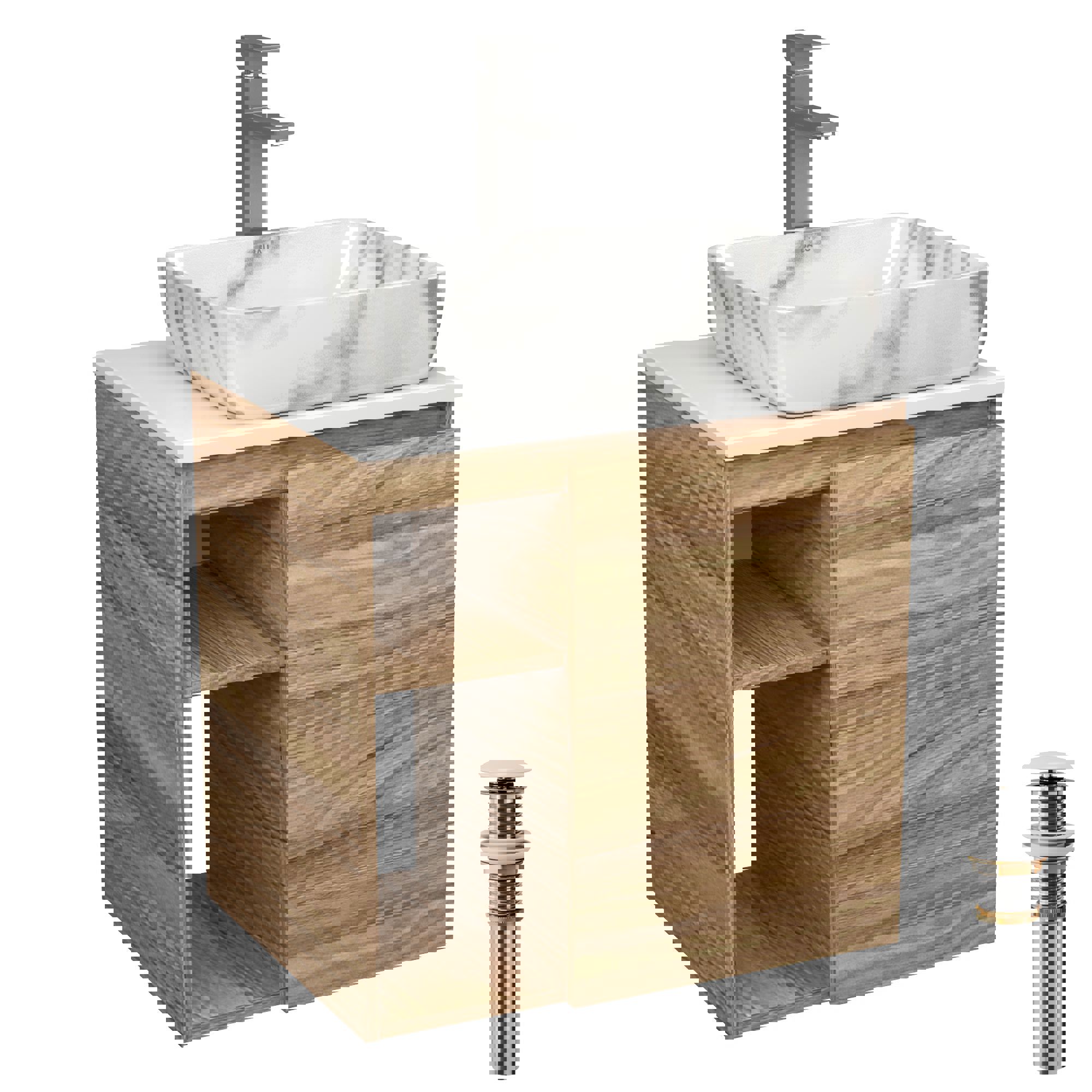 Изображение товара Тумба Bau Dream Blackwood 60 правая SD3268, раковина BAU Hotel 51x39, мрамор, смеситель для раковины высокий Hotel Still, выпуск клик клак, белый