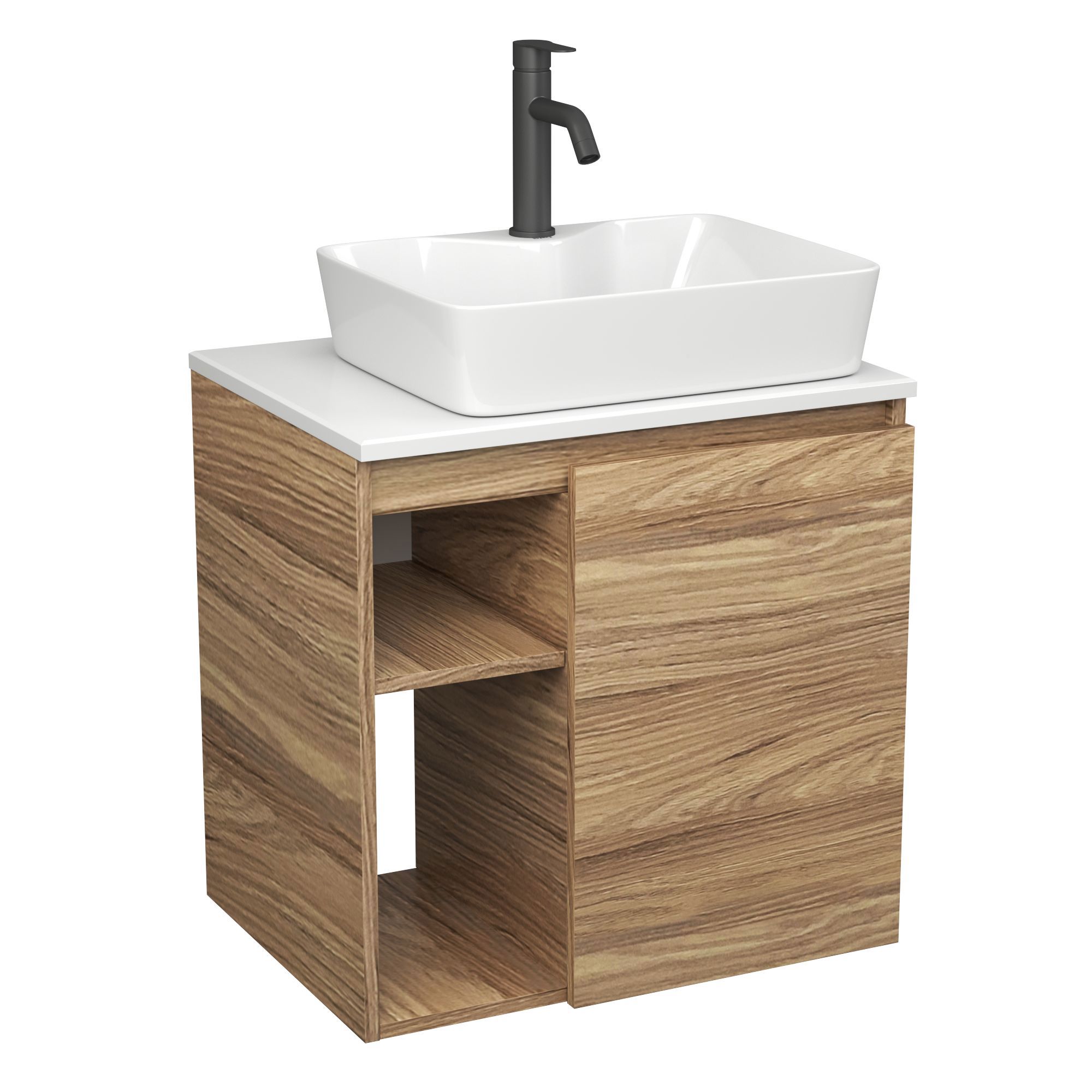 Изображение товара Тумба Bauedge Bau Dream Blackwood 60 правая раковина BAU Cerama 48x37 белая смеситель Hotel Dream Black нерж. сталь черный