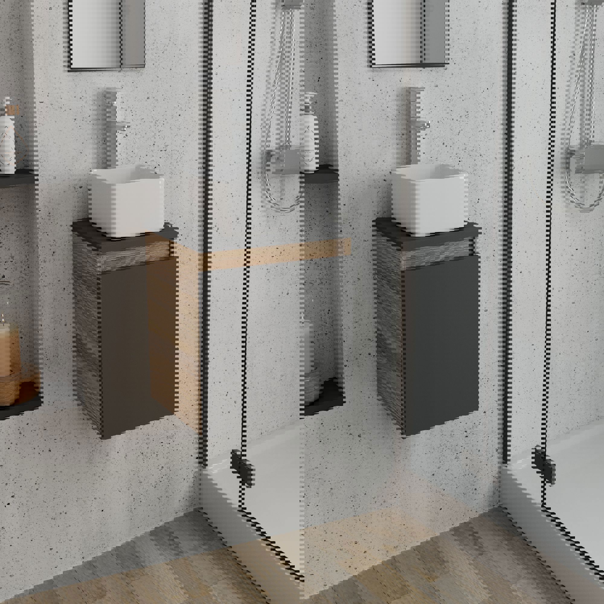 Изображение товара Тумба Bauedge Bau Dream Blackwood 35 с ящиком графит раковина Mini 24x24 смеситель для раковины высокий Hotel Still нержавеющая сталь