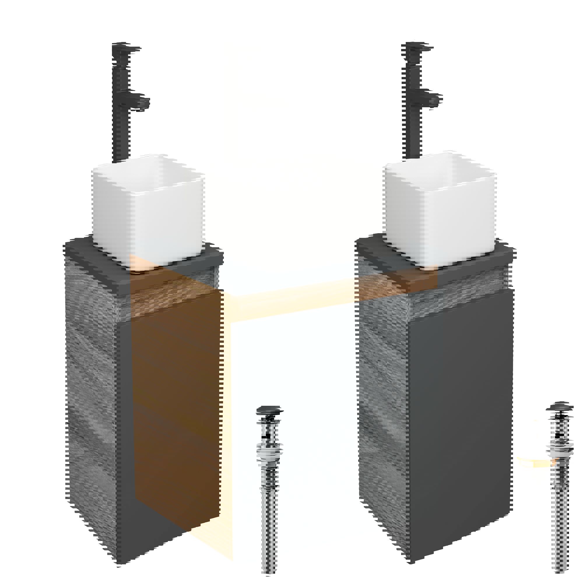 Изображение товара Тумба Bauedge Bau Dream Blackwood 35 с ящиком графит раковина Mini 24x24 смеситель для раковины высокий Hotel Black черный выпуск клик клак
