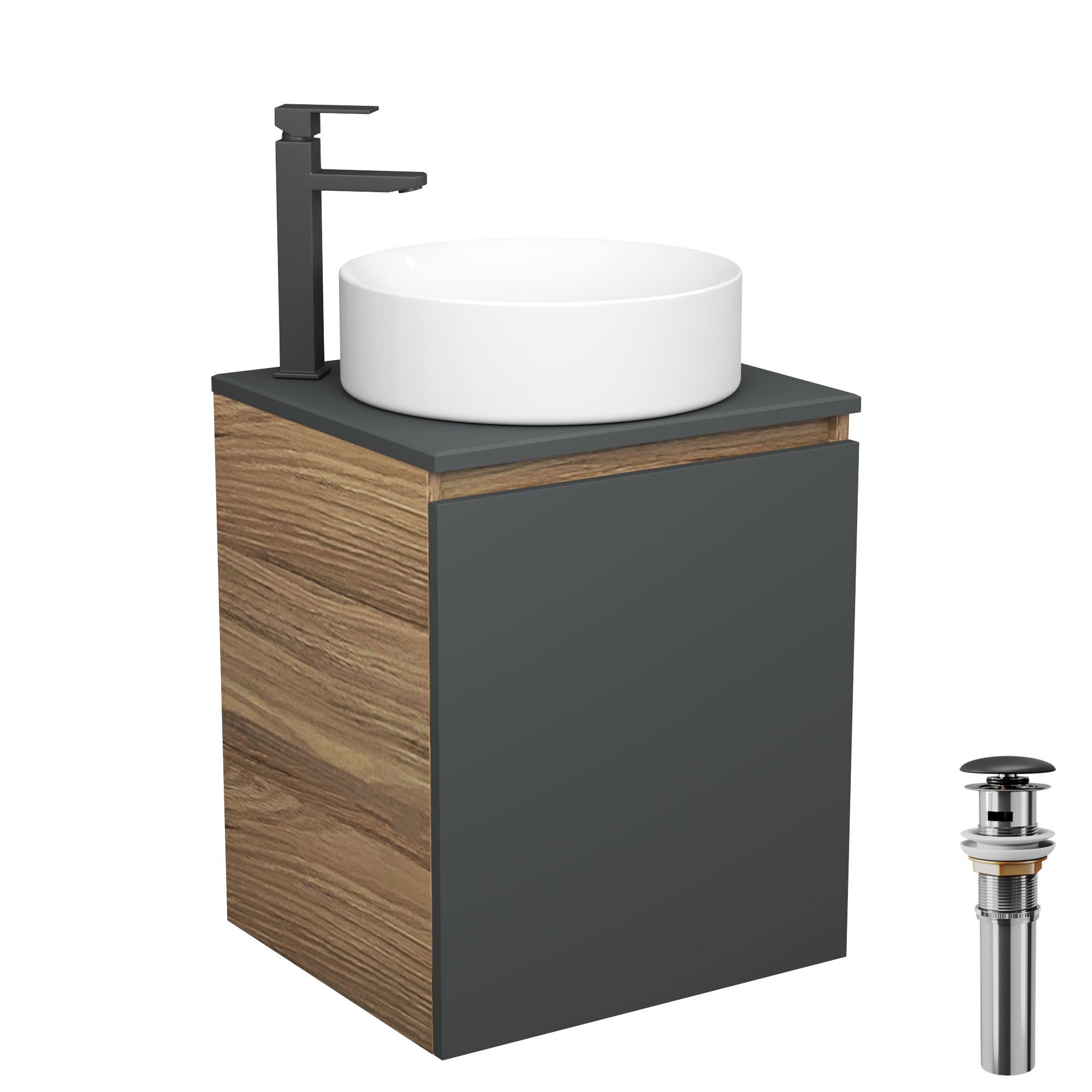 Изображение товара Тумба Bauedge Bau Dream Blackwood 50 графит раковина Bauedge Bau Dream круглая D41 смеситель высокий Hotel Black черный выпуск клик клак черный