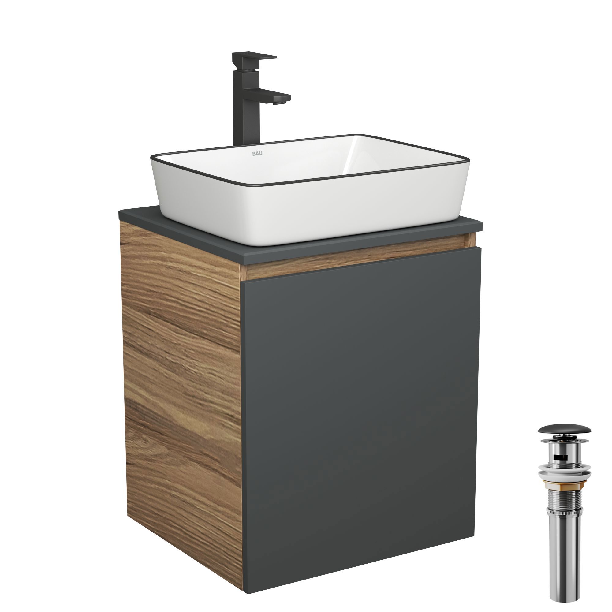 Изображение товара Тумба Bauedge Bau Dream Blackwood 50 графит раковина BAU Hotel Black Rand 48x37 смеситель высокий Hotel Black черный выпуск клик клак черн