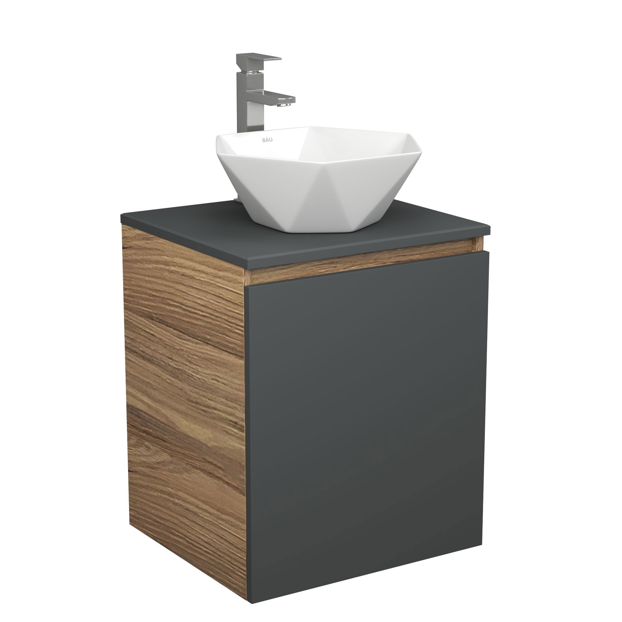 Изображение товара Тумба Bauedge Bau Dream Blackwood 50 графит раковина Crystal 40x40 смеситель для раковины высокий Hotel Still нержавеющая сталь