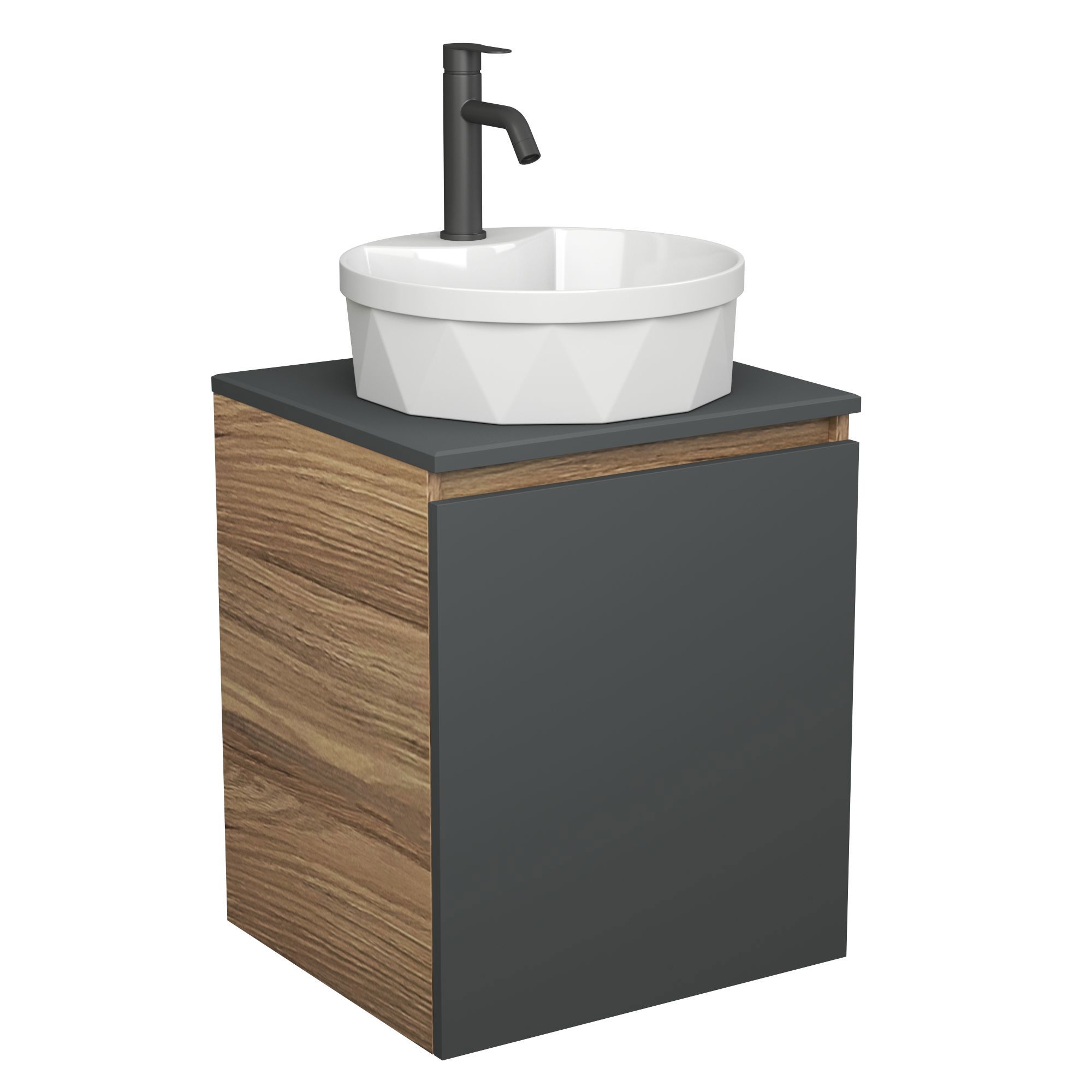 Изображение товара Тумба Bauedge Bau Dream Blackwood 50 графит раковина BAU Element Cristal D40 белая смеситель Hotel Dream Black нерж. сталь черный