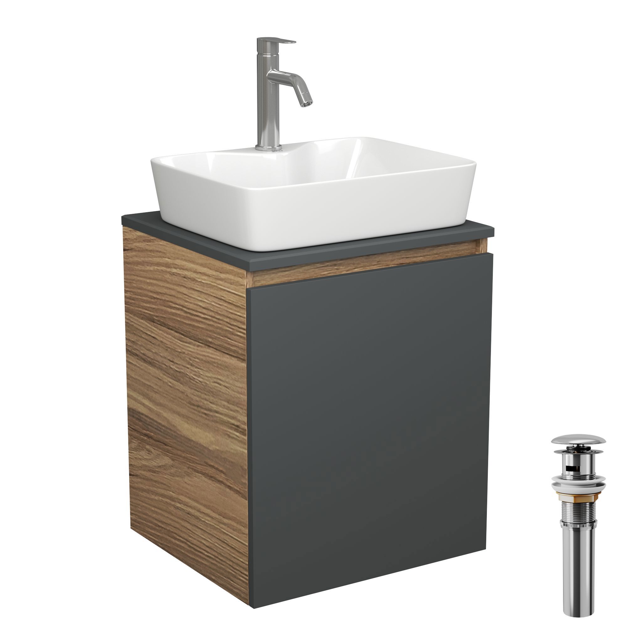 Изображение товара Тумба Bauedge Bau Dream Blackwood 50 графит раковина BAU Cerama 48x37 белая смеситель Hotel Dream нерж. сталь выпуск клик клак хром