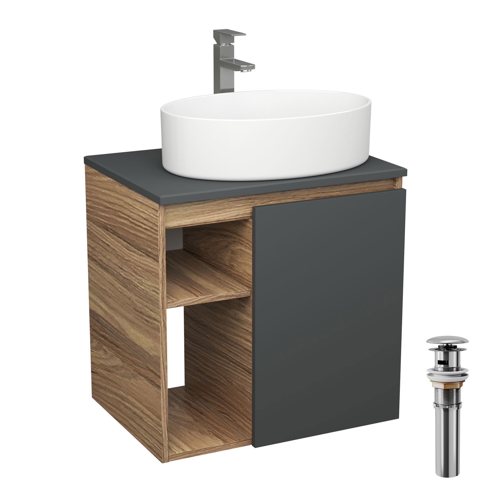Изображение товара Тумба Bauedge Bau Dream Blackwood 60 правая графит раковина Nimb 50x36 смеситель для раковины высокий Hotel Still выпуск клик клак хром