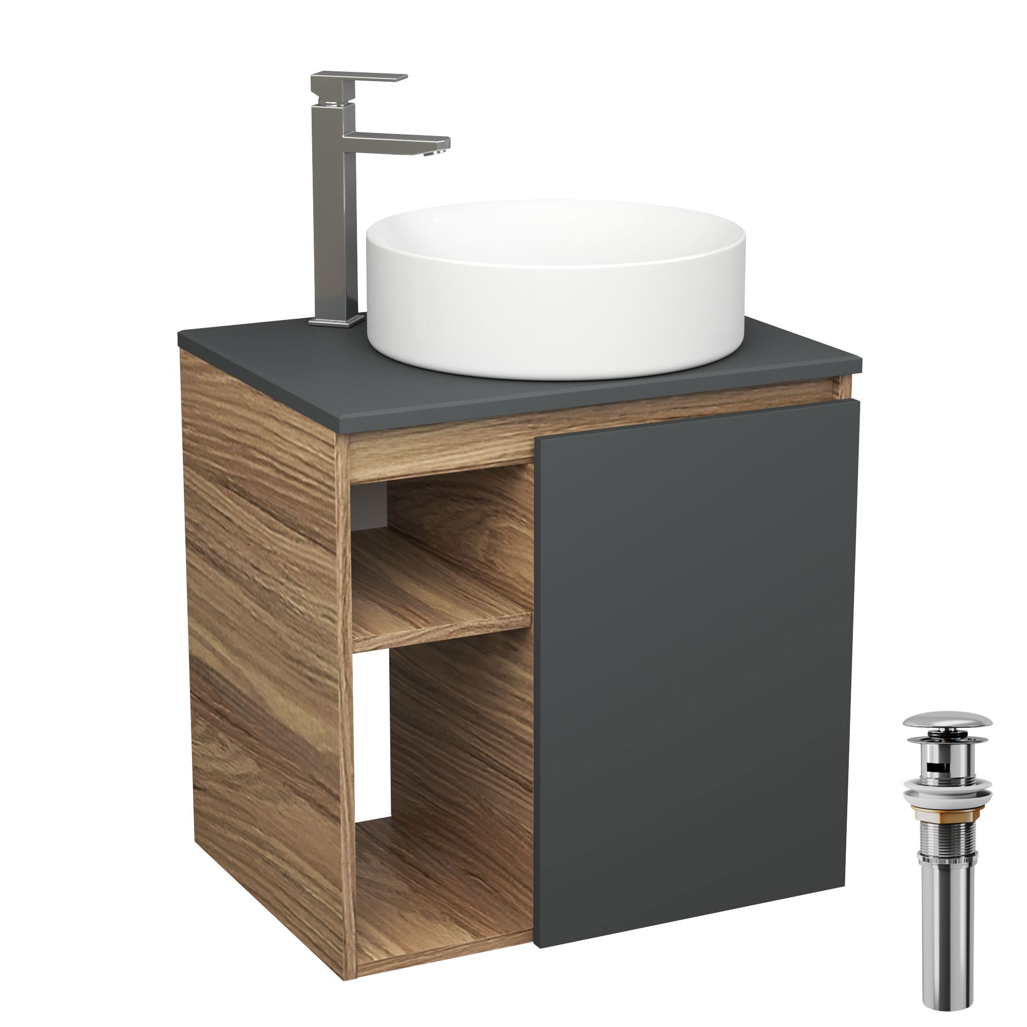 Изображение товара Тумба Bauedge Bau Dream Blackwood 60 правая с раковиной круглая D41 и смесителем Изображение товара Тумба Bauedge Bau Dream Blackwood 60 правая с раковиной круглая D41 и смесителем