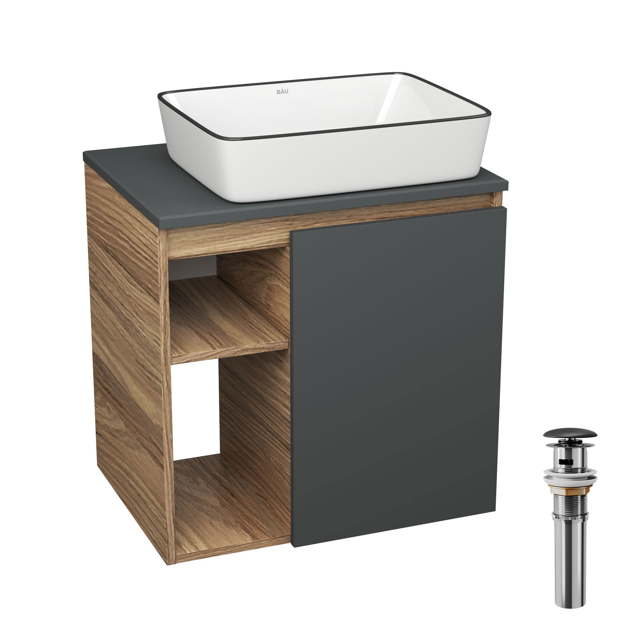 Изображение товара Тумба Bauedge Bau Dream Blackwood 60 правая графит раковина Hotel Black Rand 48x37 выпуск клик клак черный