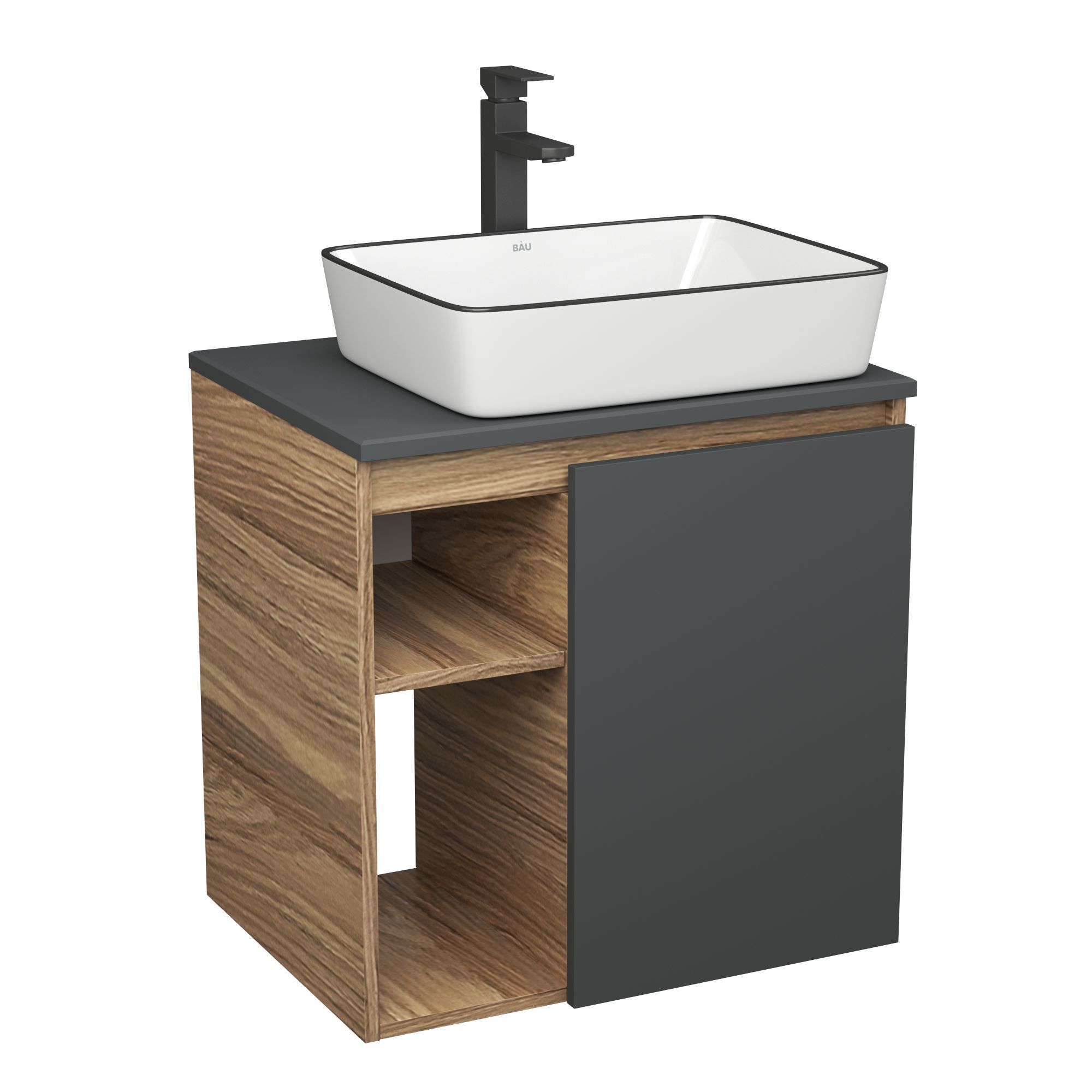 Изображение товара Тумба Bauedge Bau Dream Blackwood 60 правая графит раковина BAU Hotel Black Rand 48x37 смеситель для раковины высокий Hotel Black черный
