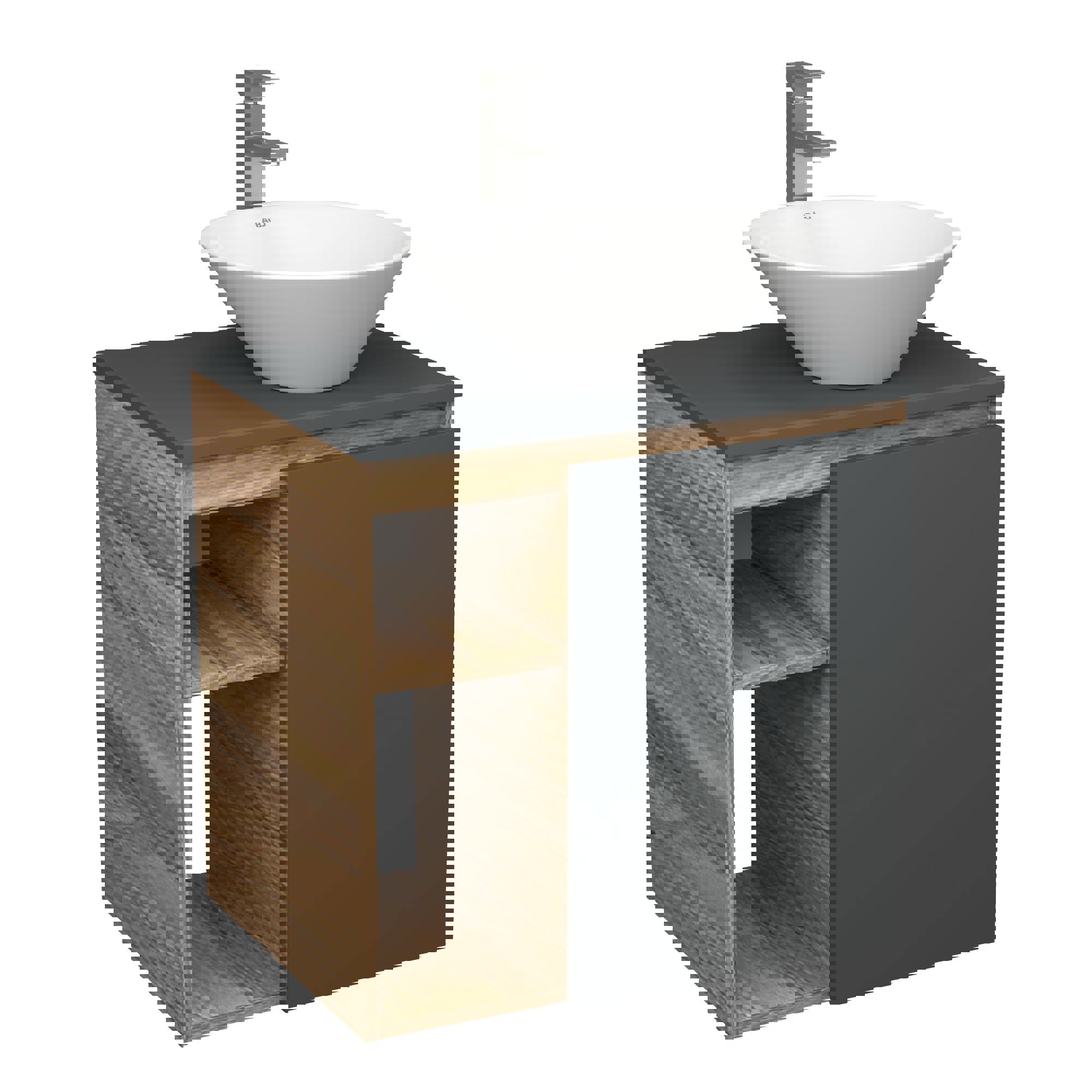 Изображение товара Тумба Bauedge Bau Dream Blackwood 60 правая SD4257. графит. раковина D43. смеситель высокий Hotel Still. нержавеющая сталь