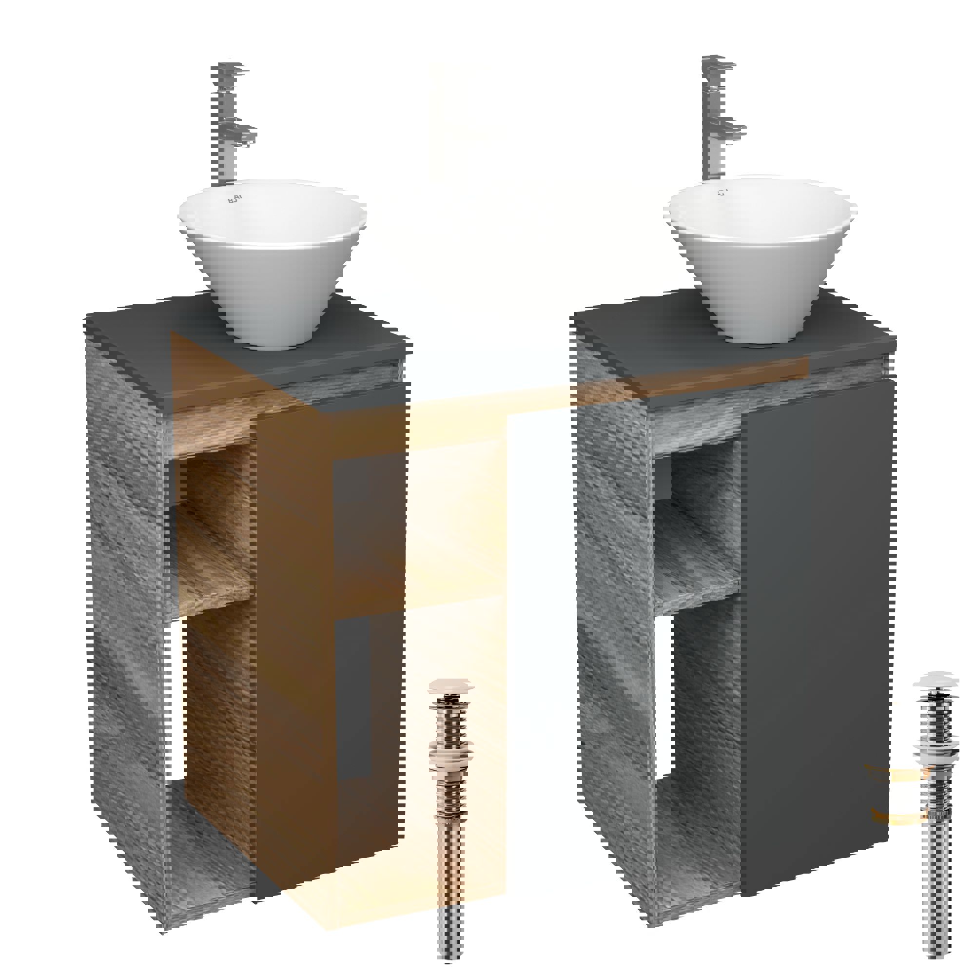Изображение товара Тумба Bauedge Bau Dream Blackwood 60 правая SD4259. графит. раковина D43. смеситель высокий Hotel Still. выпуск клик клак. белый