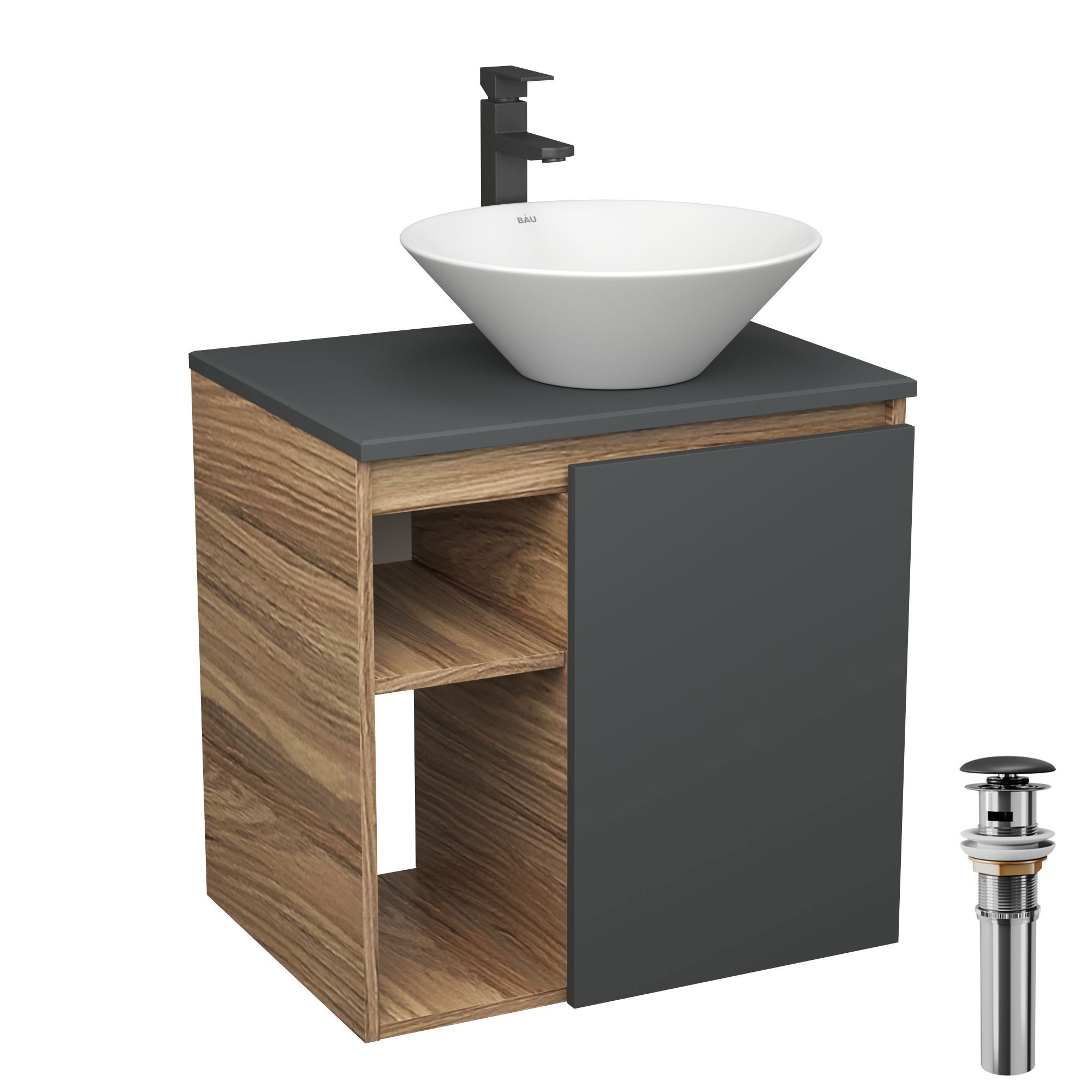 Изображение товара Тумба Bauedge Bau Dream Blackwood 60 правая SD4260 графит раковина D43 смеситель высокий Hotel Black