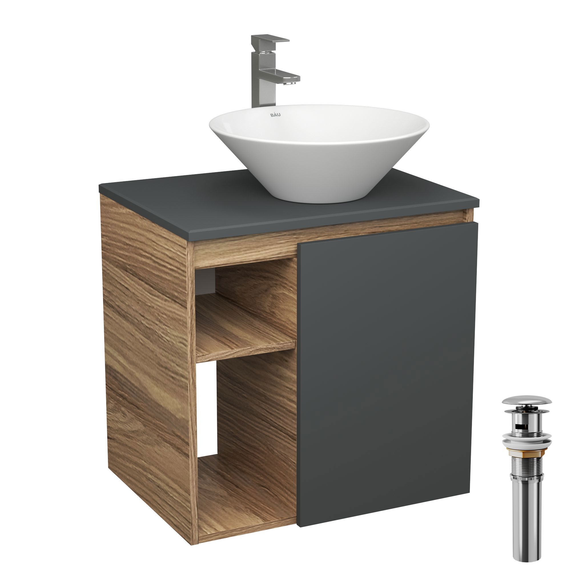 Изображение товара Тумба Bauedge Bau Dream Blackwood 60 правая SD4258. графит. раковина D43. смеситель высокий Hotel Still. выпуск клик клак. хром