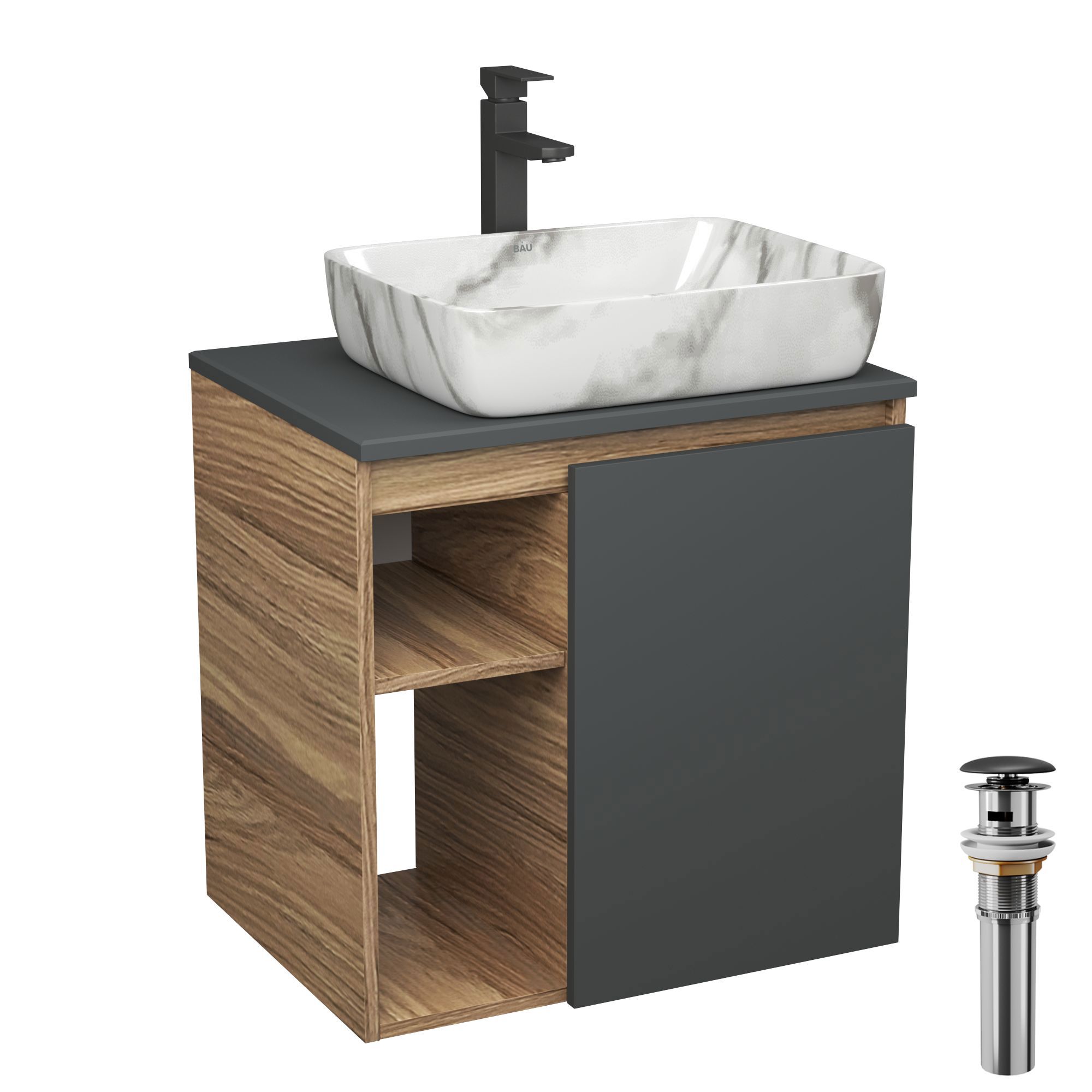 Изображение товара Тумба Bauedge Bau Dream Blackwood 60 правая SD4269. графит. раковина BAU Hotel 51x39. мрамор. смеситель высокий Hotel Black. черный. выпуск клик клак
