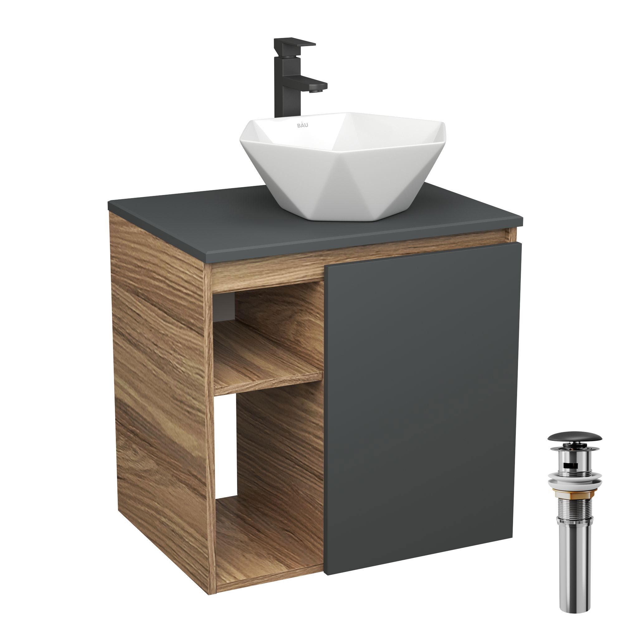 Изображение товара Тумба для ванной Bauedge Bau Dream Blackwood 60 с раковиной Crystal и смесителем Изображение товара Тумба для ванной Bauedge Bau Dream Blackwood 60 с раковиной Crystal и смесителем